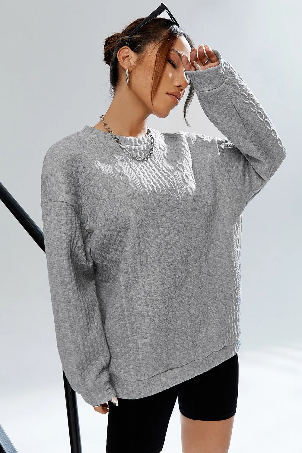 Gray Cable Textured Drop Shoulder Pullover Sweatshirt