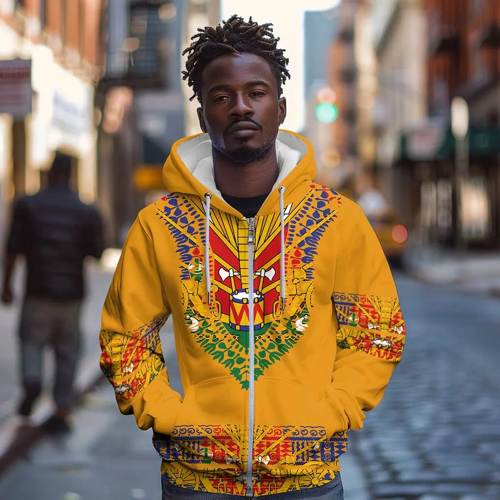 Haiti Flag Zip Hoodie Traditional Dashiki Yellow Color LT03