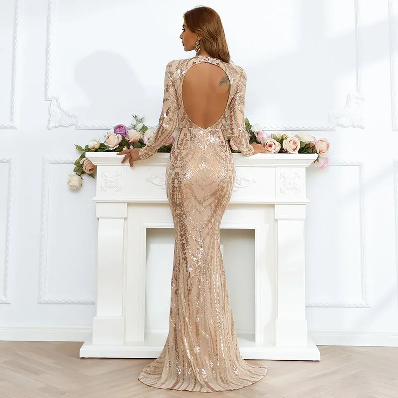 Hot Sale Long Sleeve Backless Sequins Mermaid Dress Women Gold Evening Dress