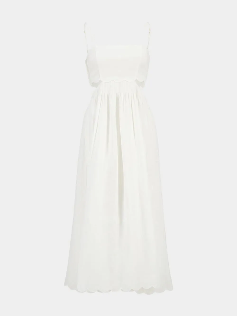 Ivory Scallop Linen Midi Dress with Straps