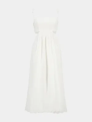 Ivory Scallop Linen Midi Dress with Straps