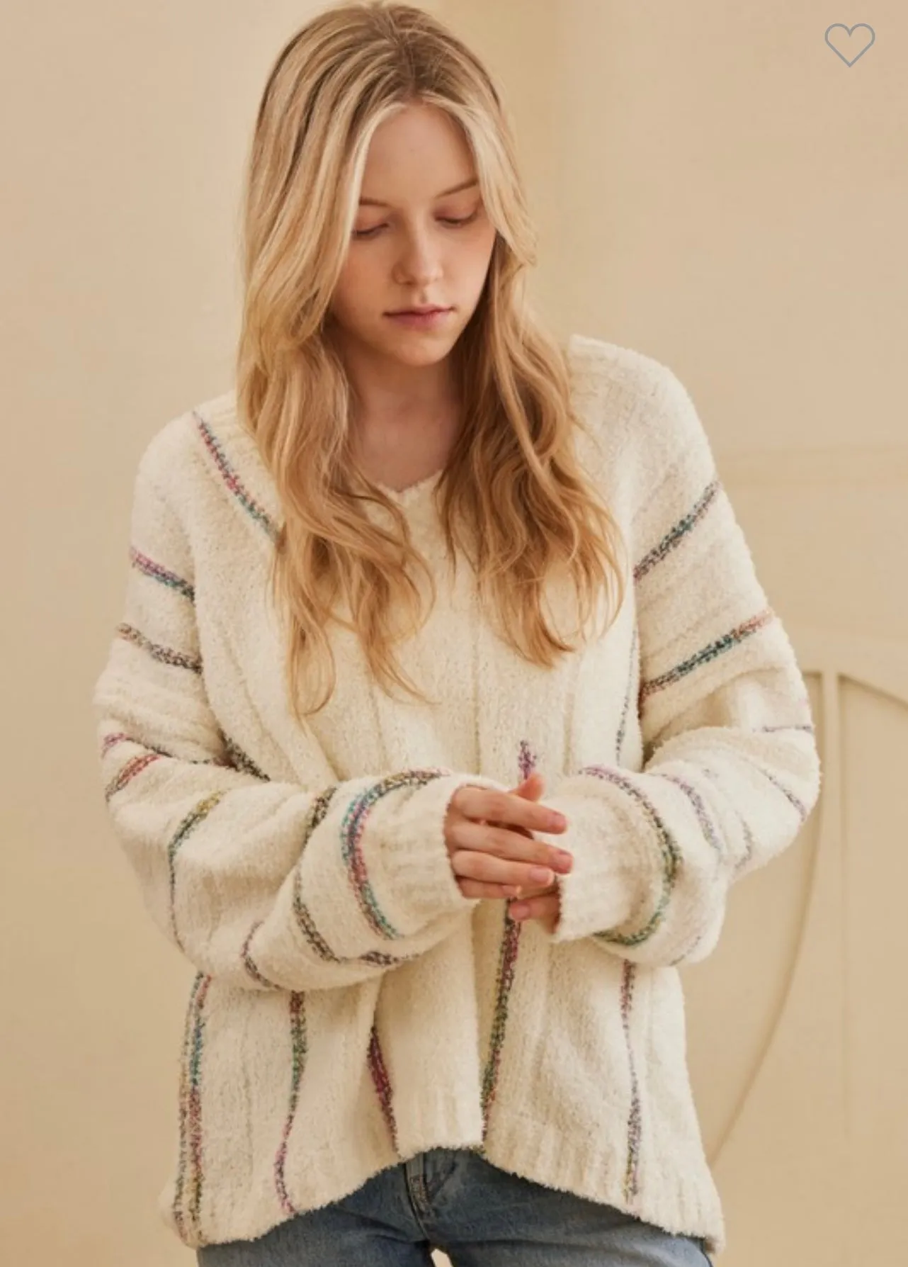 Ivory Super Soft V Neck Sweater With Stripe Detail