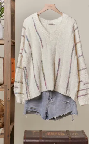 Ivory Super Soft V Neck Sweater With Stripe Detail
