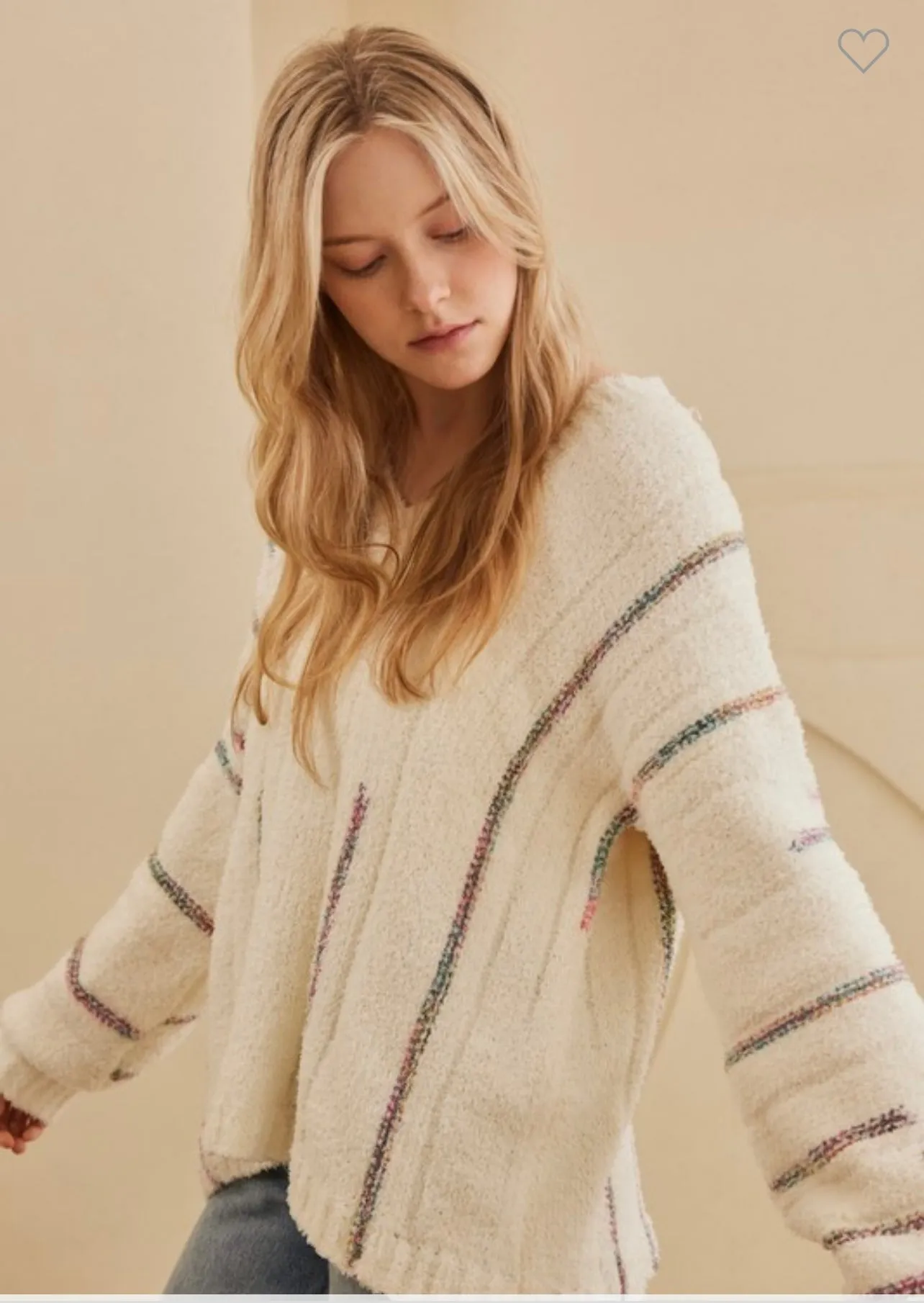 Ivory Super Soft V Neck Sweater With Stripe Detail