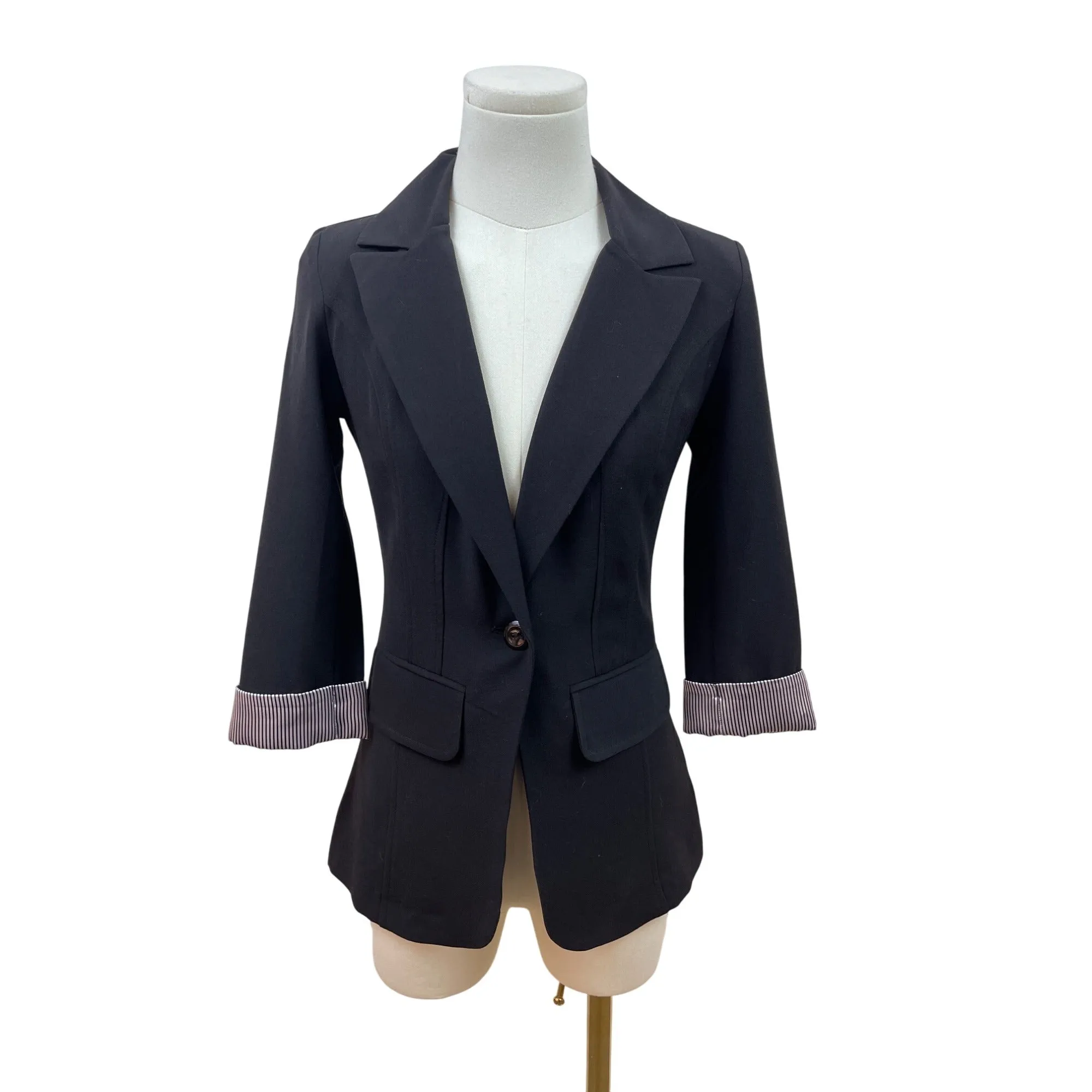IZ Byer Black 3/4 Sleeve Blazer With Striped Cuffs Womens Size X-Small