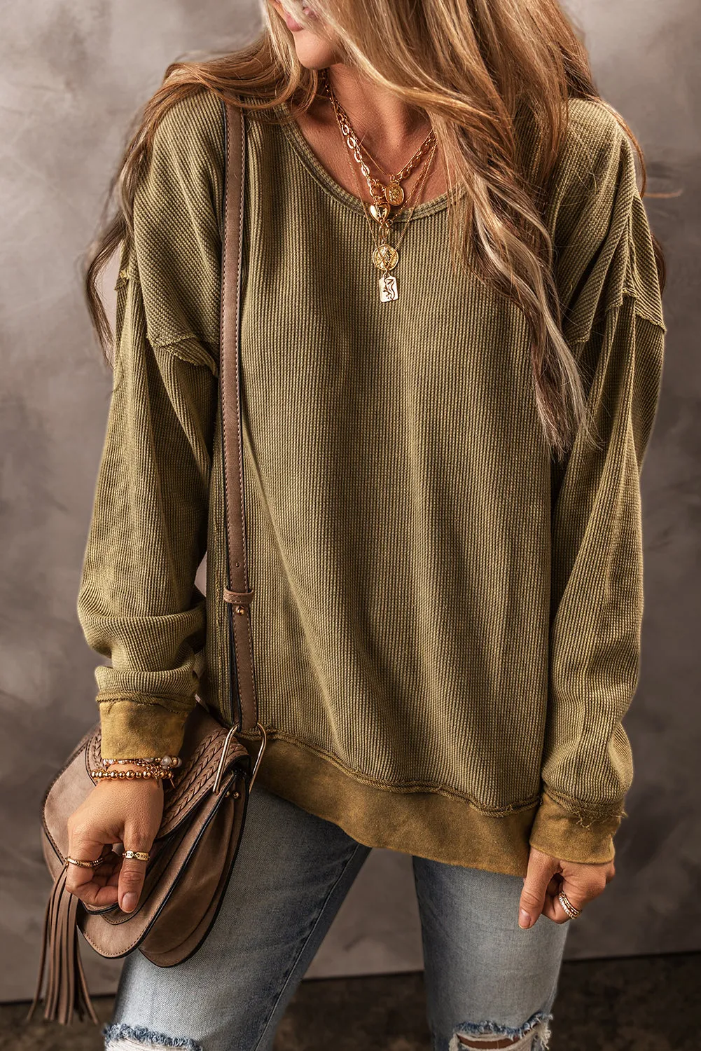 Jungle Green Textured Seamed Drop Sleeve Sweatshirt