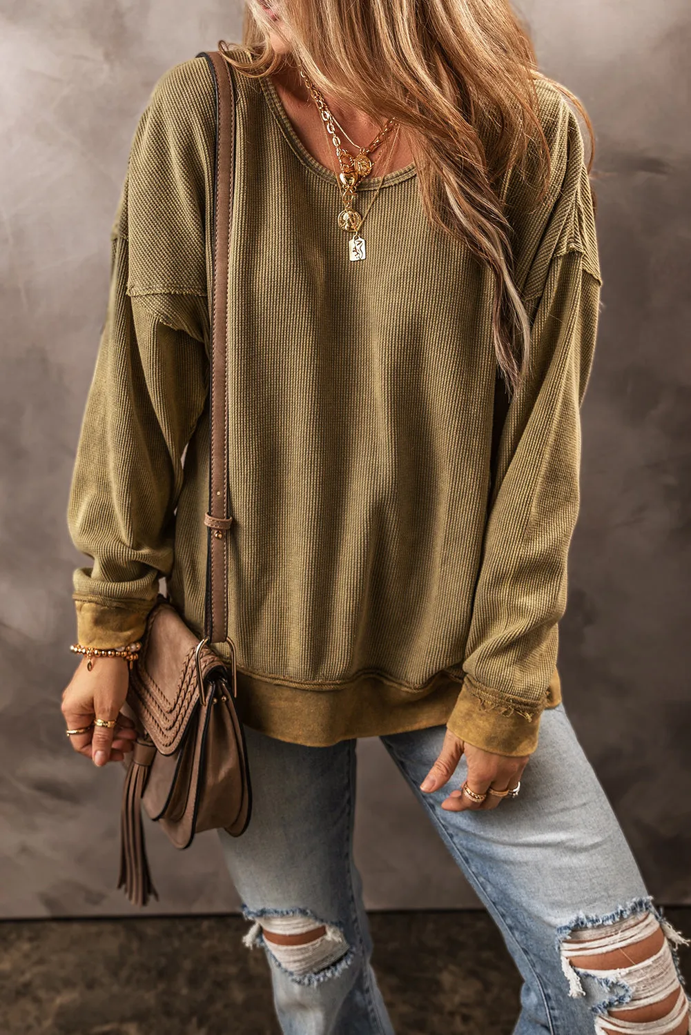 Jungle Green Textured Seamed Drop Sleeve Sweatshirt