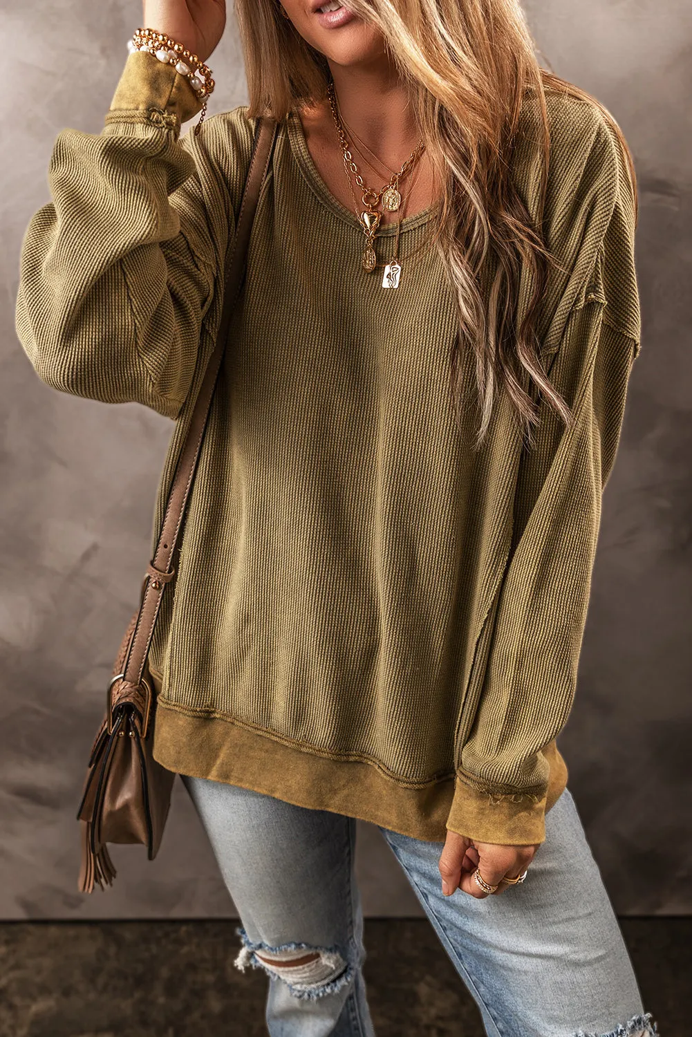 Jungle Green Textured Seamed Drop Sleeve Sweatshirt