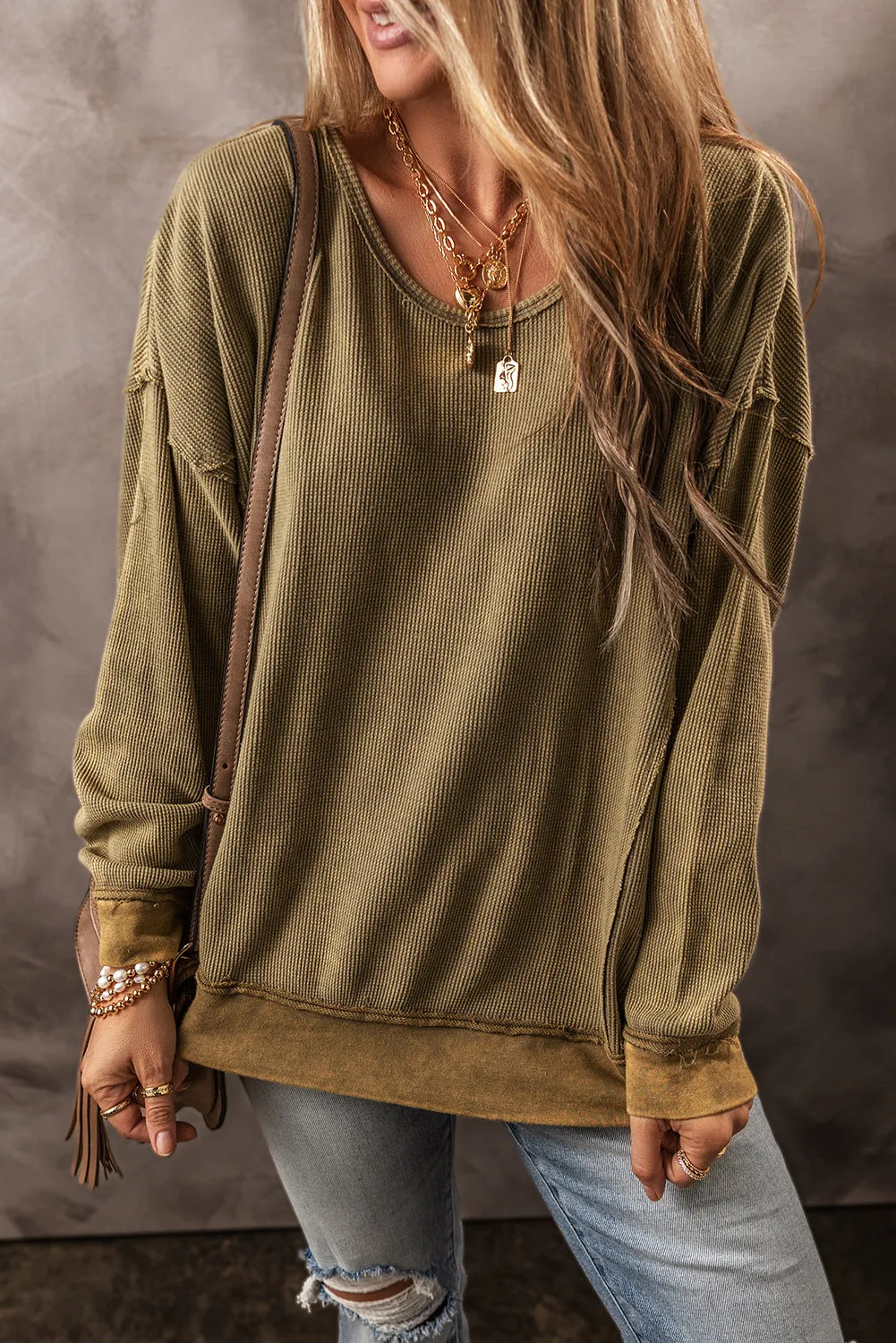 Jungle Green Textured Seamed Drop Sleeve Sweatshirt