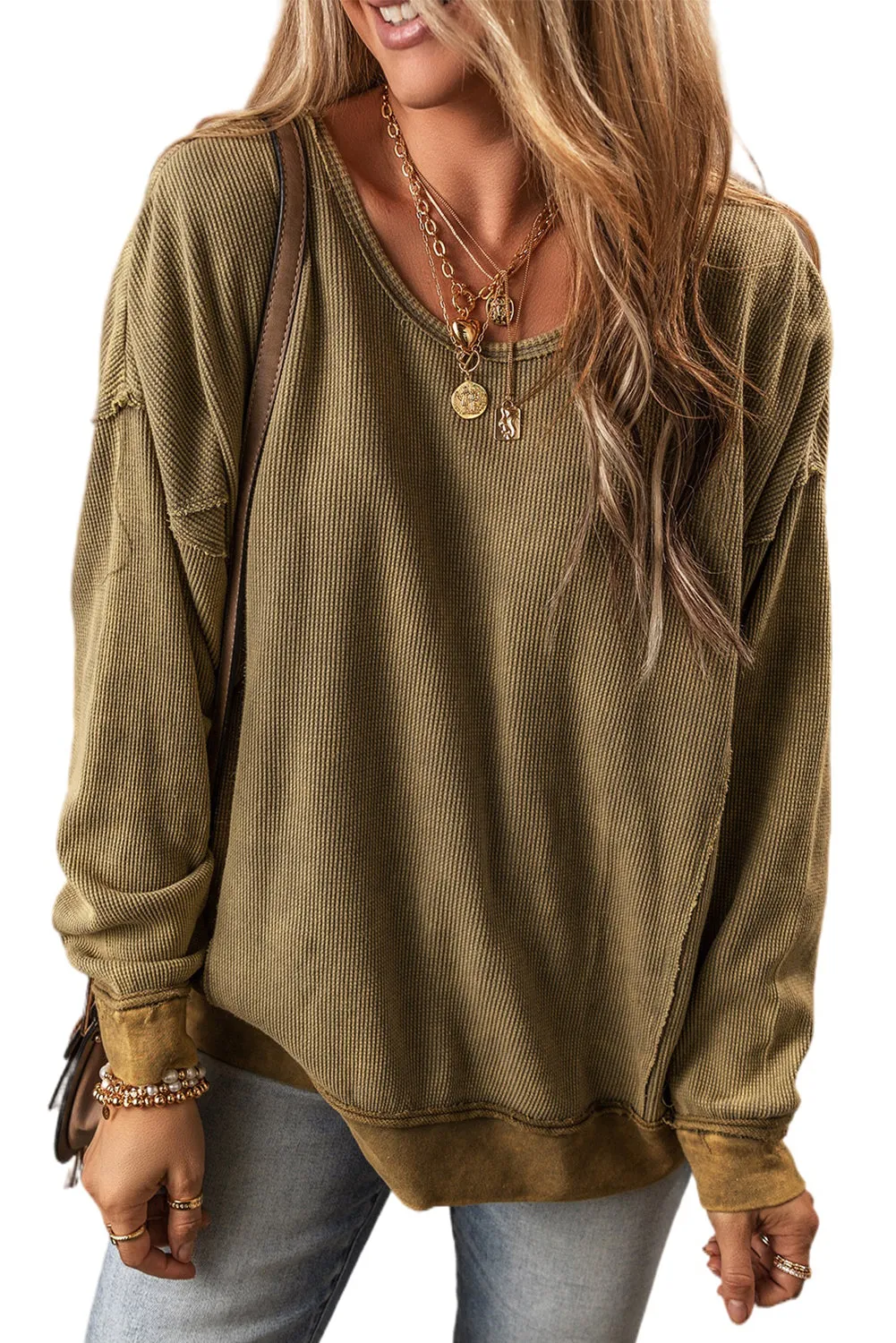 Jungle Green Textured Seamed Drop Sleeve Sweatshirt