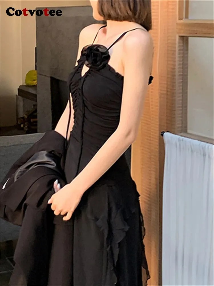Ladies Black Midi Hollow Out Sleeveless Evening Dress