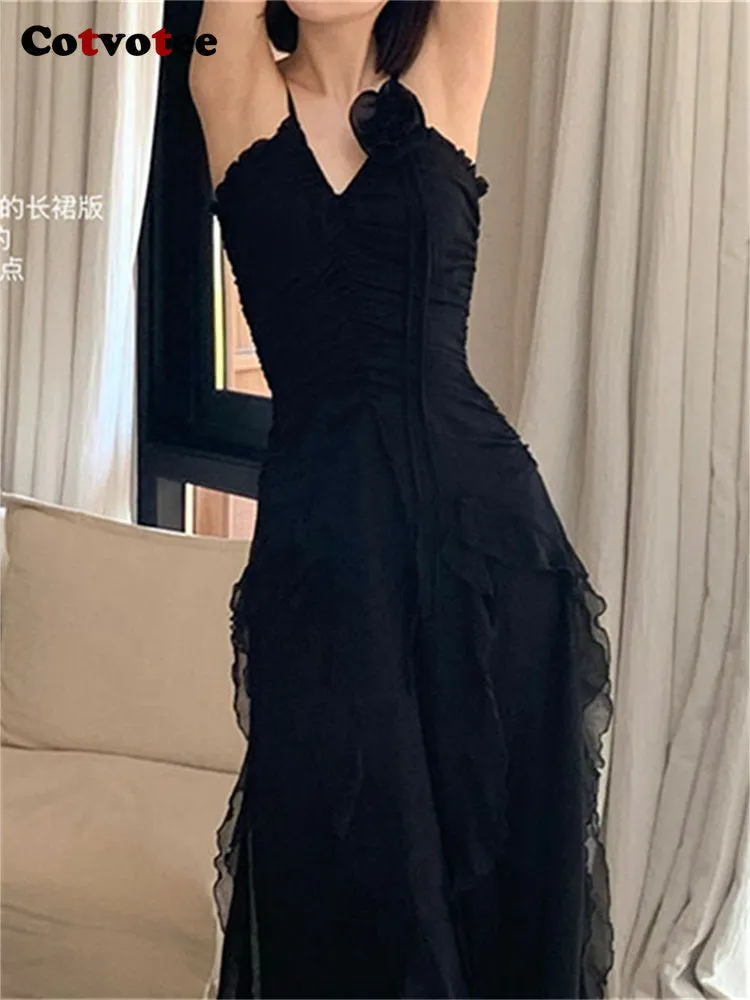 Ladies Black Midi Hollow Out Sleeveless Evening Dress