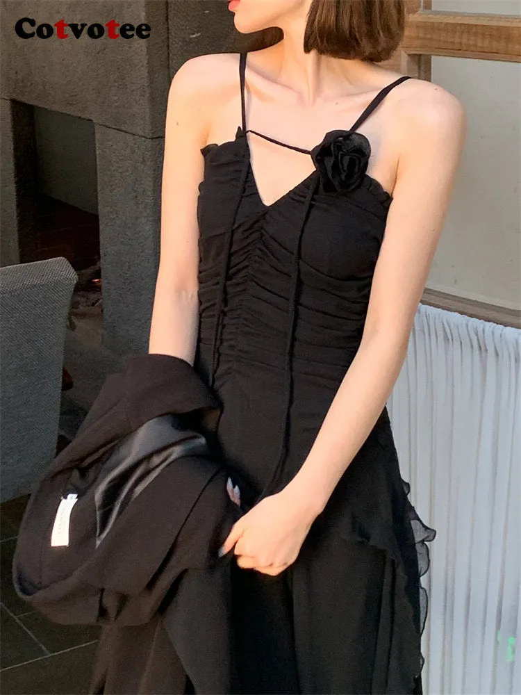 Ladies Black Midi Hollow Out Sleeveless Evening Dress