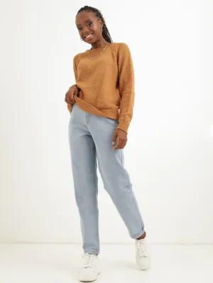Ladies Textured Curved Hem Pullover - Mustard