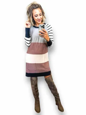 Lauren - Mauve Pink Block Stripe with White Black Stripe Sleeve