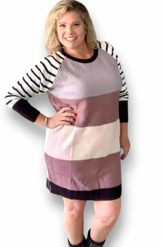 Lauren - Mauve Pink Block Stripe with White Black Stripe Sleeve