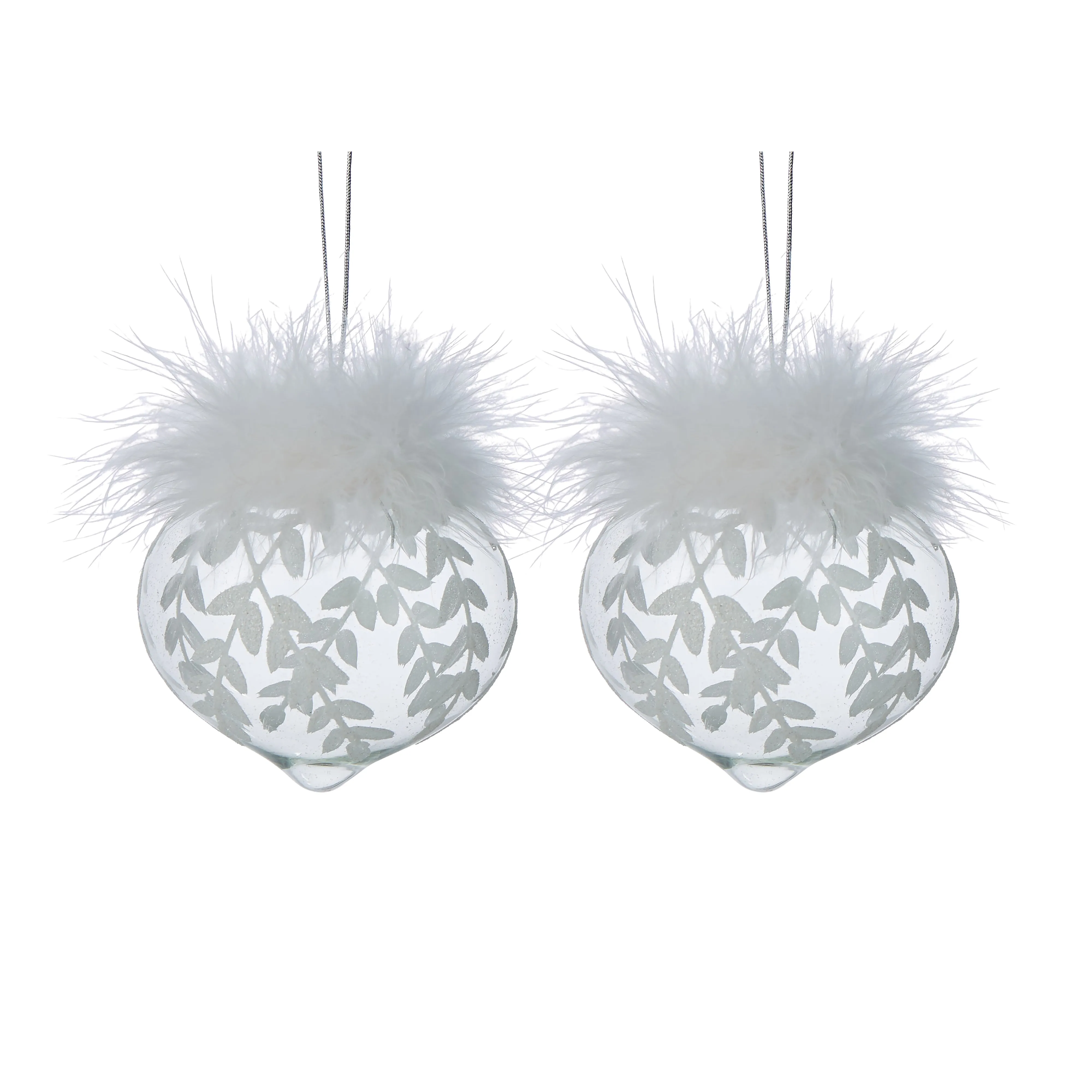 Leaf With Feather Glass Ornament White Set