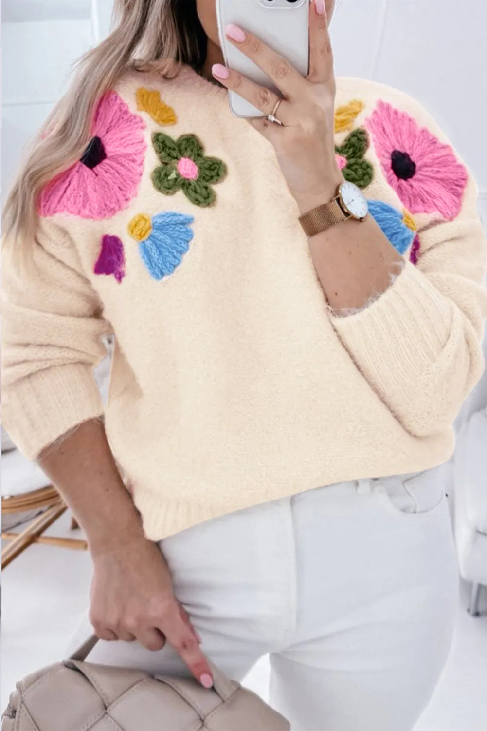 Light Blue Knitted Flower Pattern Ribbed Edge Sweater