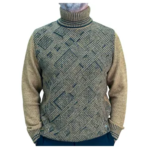 Light Brown  and Black Patterned  Men's Chunky Turtleneck Sweater -100% Real  Wool