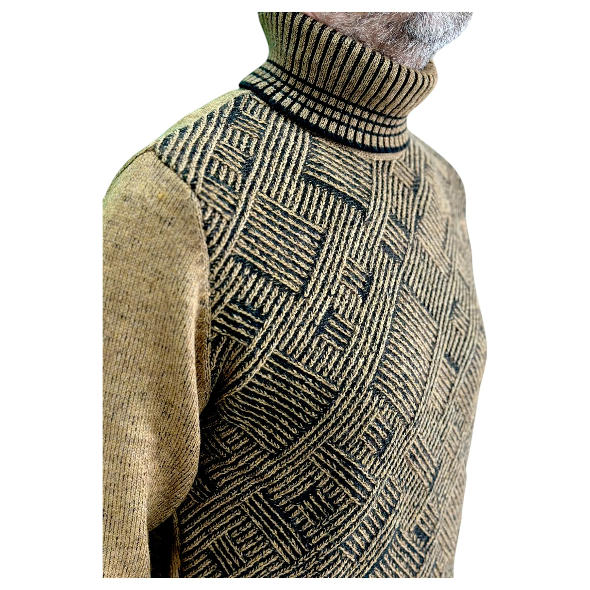 Light Brown  and Black Patterned  Men's Chunky Turtleneck Sweater -100% Real  Wool