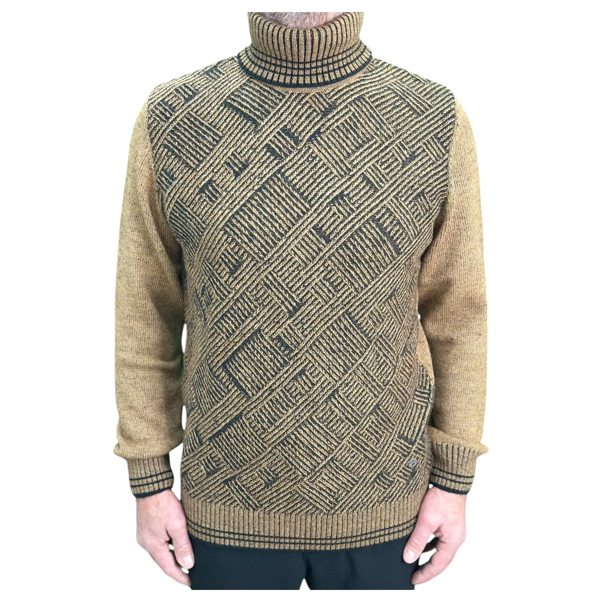 Light Brown  and Black Patterned  Men's Chunky Turtleneck Sweater -100% Real  Wool