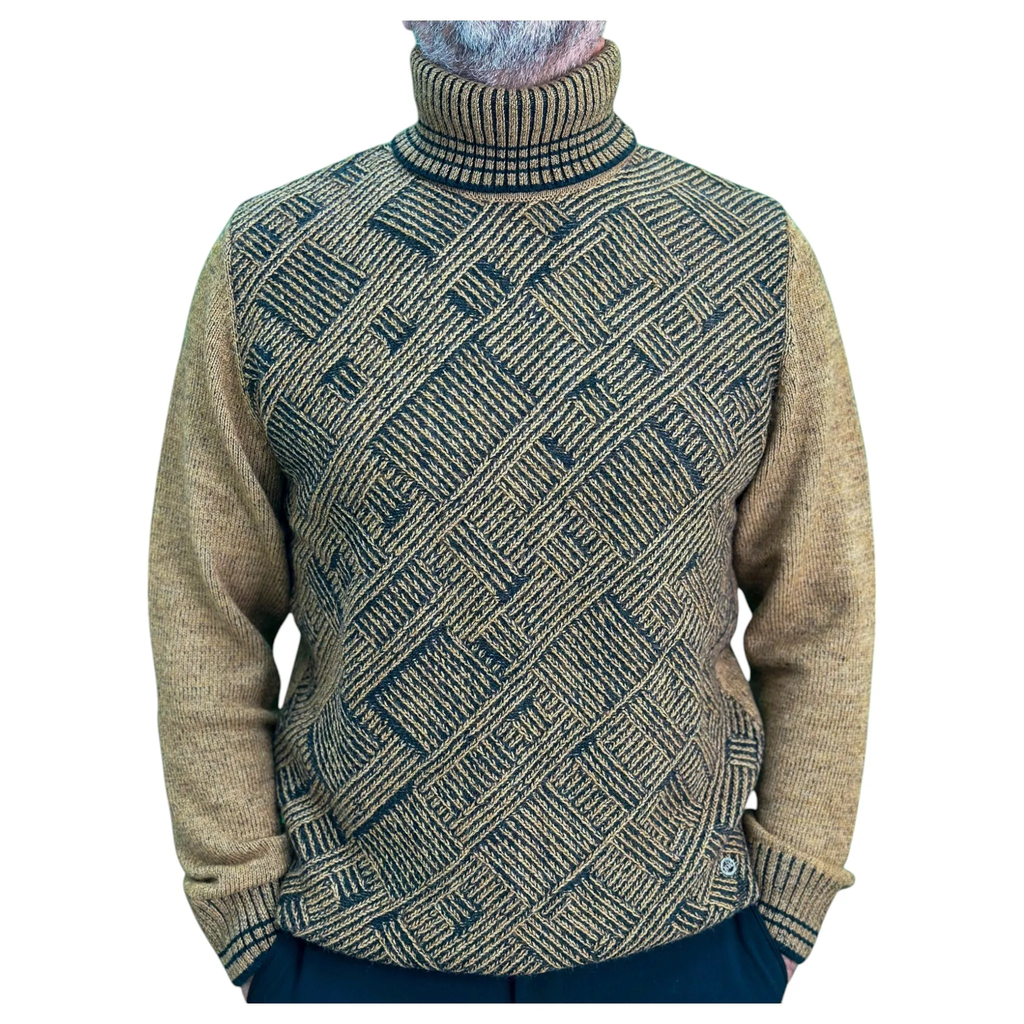 Light Brown  and Black Patterned  Men's Chunky Turtleneck Sweater -100% Real  Wool