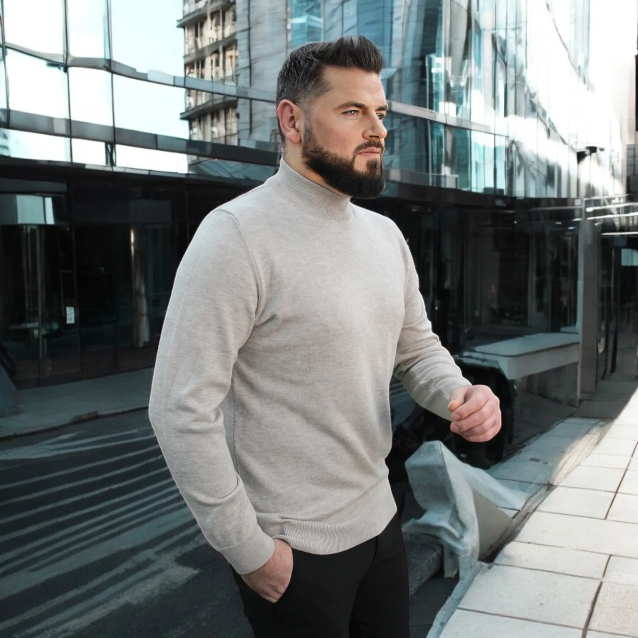 Light Tan , Wool Mock Neck,  Essential  Sweater