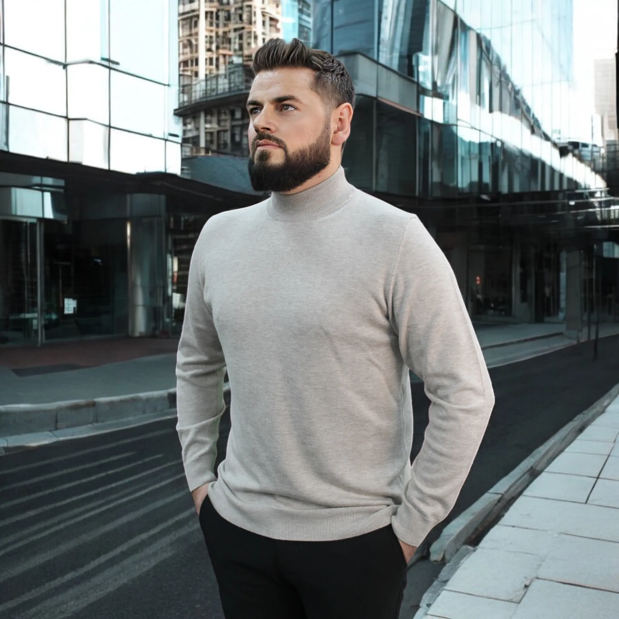 Light Tan , Wool Mock Neck,  Essential  Sweater