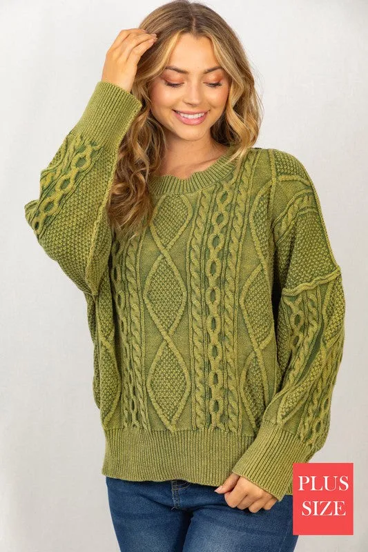 Long Sleeve Mineral Washed Cable Sweater, White Birch (plus only)