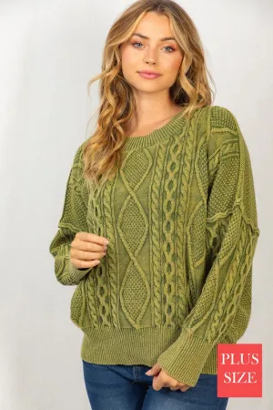 Long Sleeve Mineral Washed Cable Sweater, White Birch (plus only)