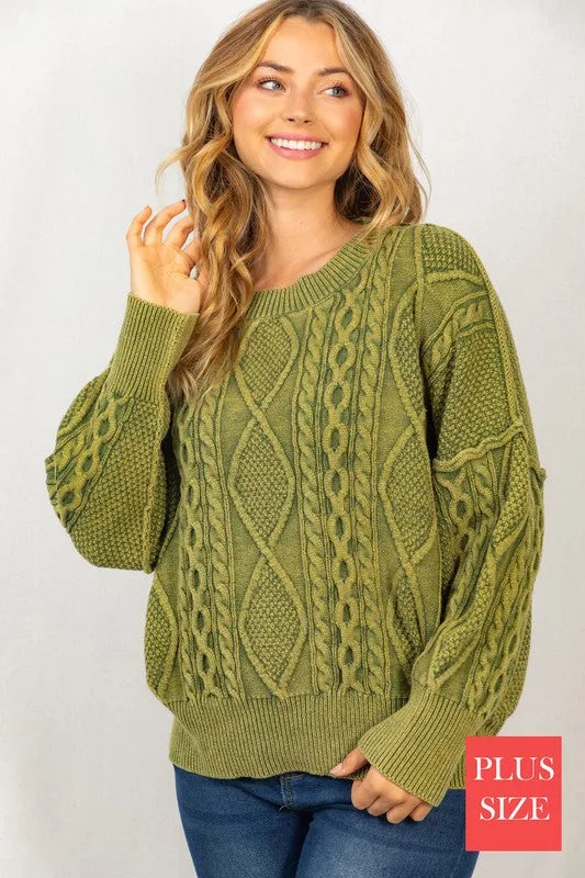 Long Sleeve Mineral Washed Cable Sweater, White Birch (plus only)