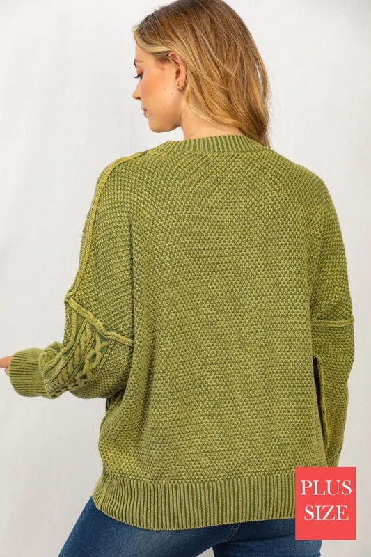 Long Sleeve Mineral Washed Cable Sweater, White Birch (plus only)