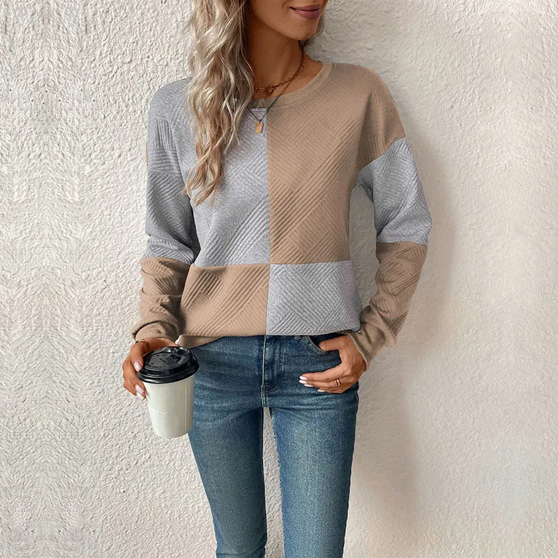 Long Sleeve Textured Colorblock Crew Neck Sweatshirts Wholesale Womens Clothing N3824091200042