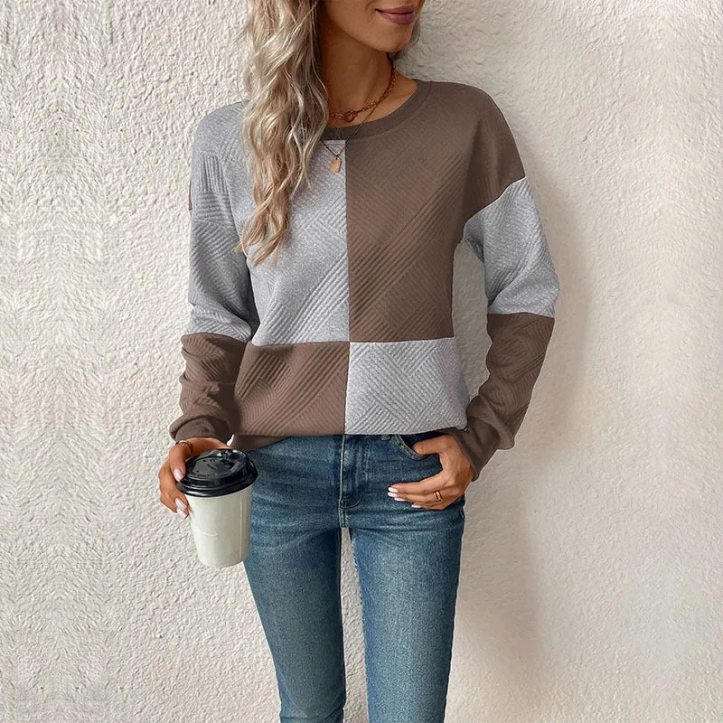 Long Sleeve Textured Colorblock Crew Neck Sweatshirts Wholesale Womens Clothing N3824091200042