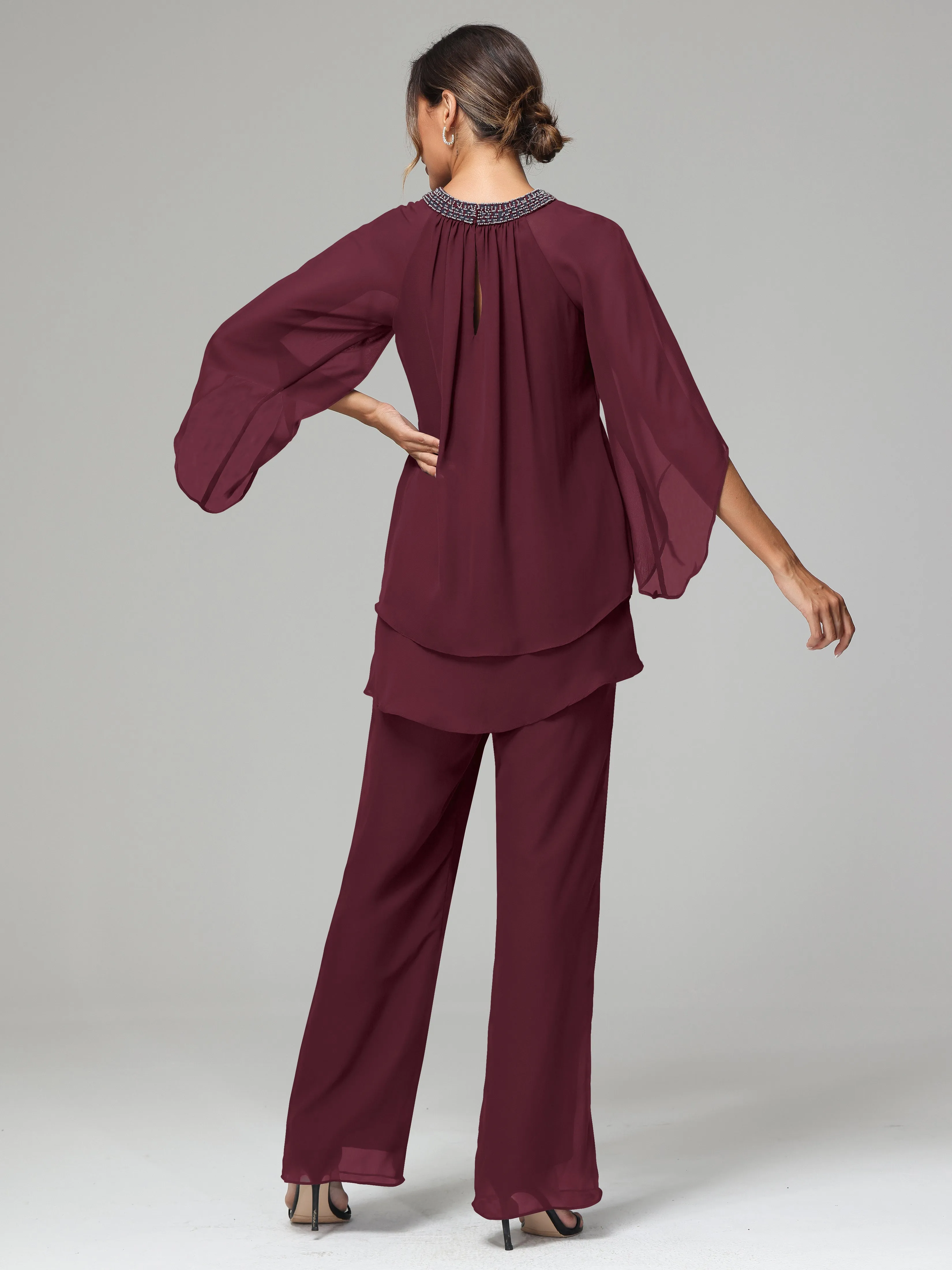 Long Sleeves Chiffon Mother Of The Bride Dress Pants Suits