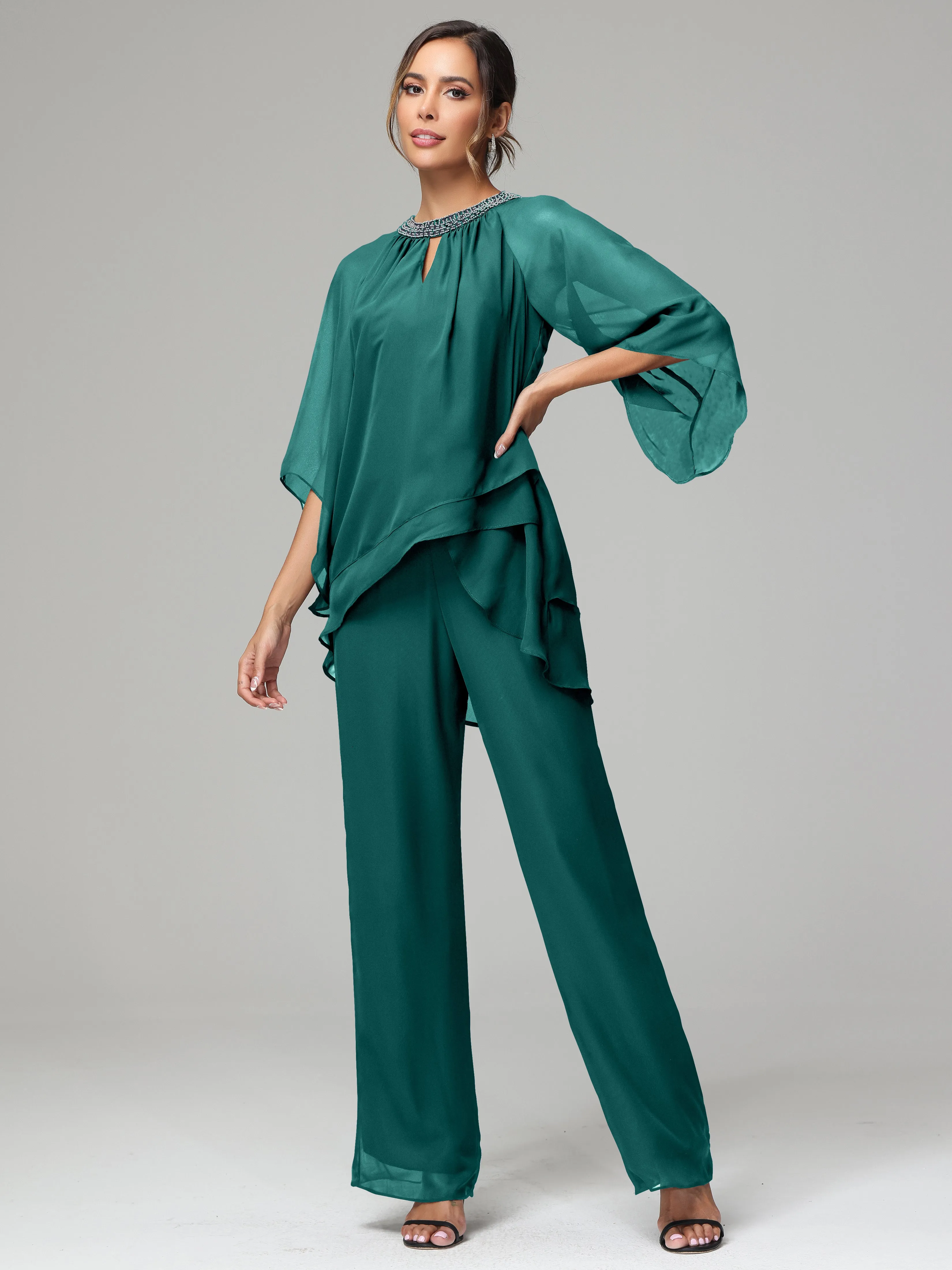 Long Sleeves Chiffon Mother Of The Bride Dress Pants Suits