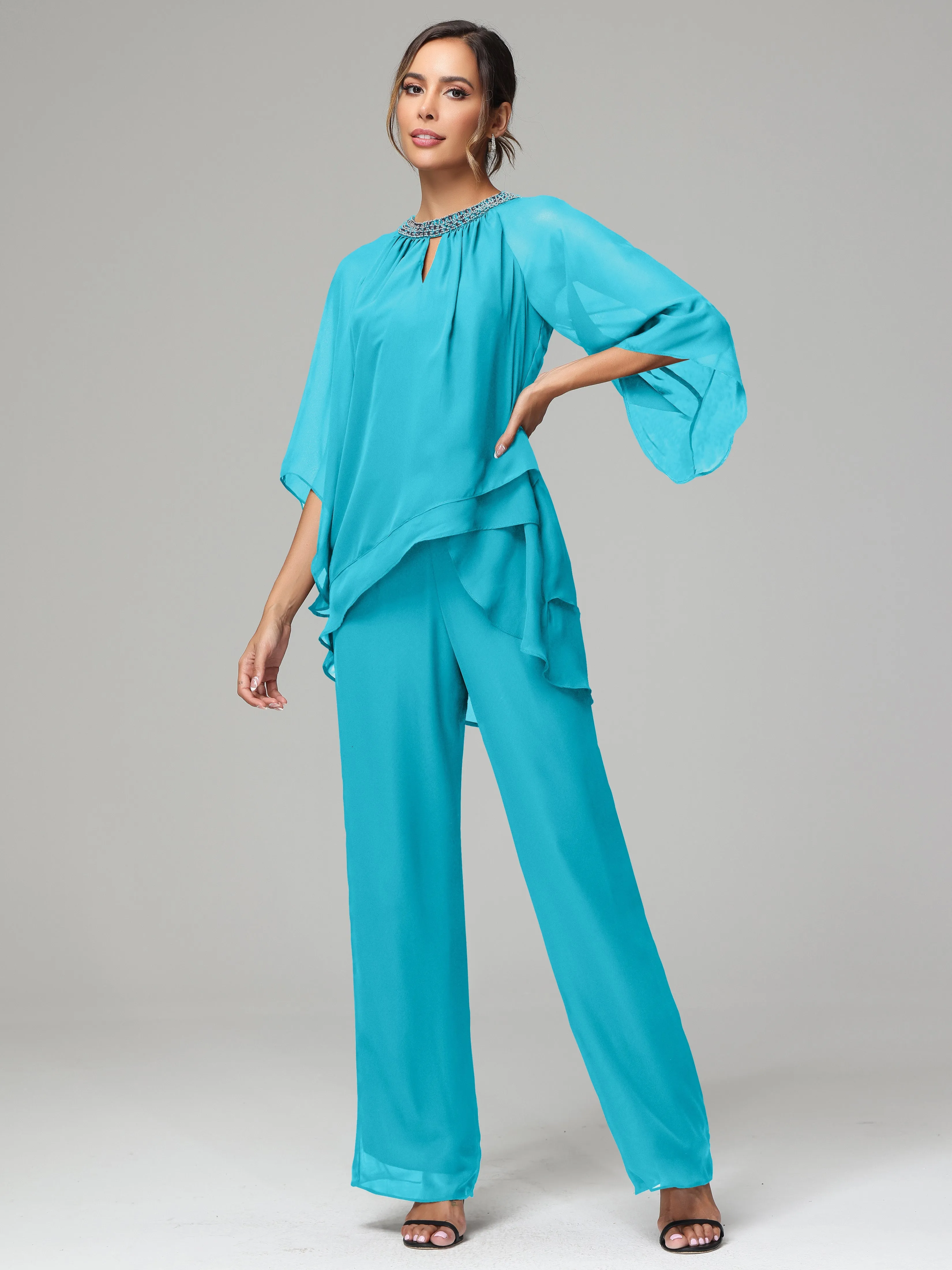 Long Sleeves Chiffon Mother Of The Bride Dress Pants Suits