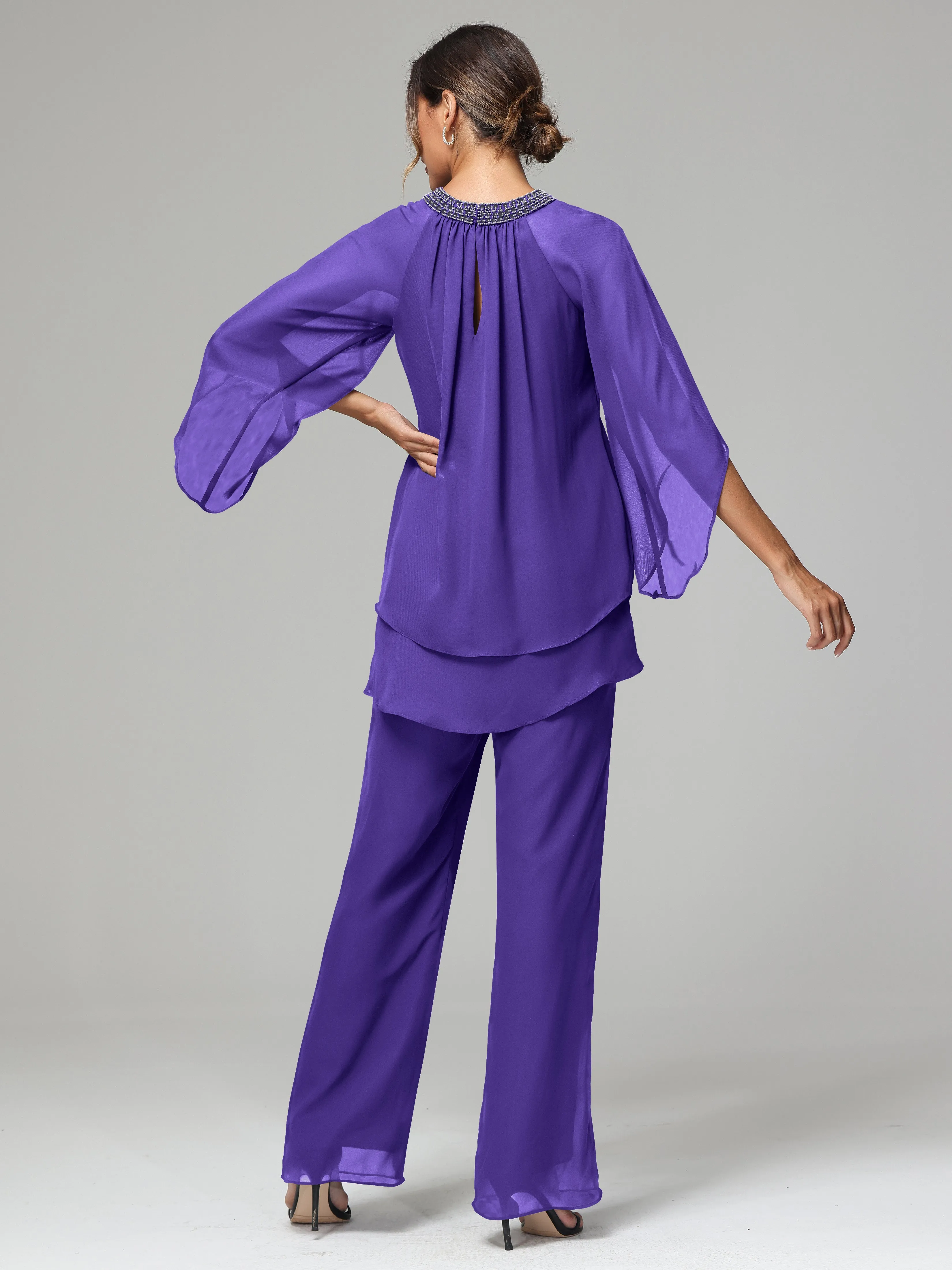 Long Sleeves Chiffon Mother Of The Bride Dress Pants Suits