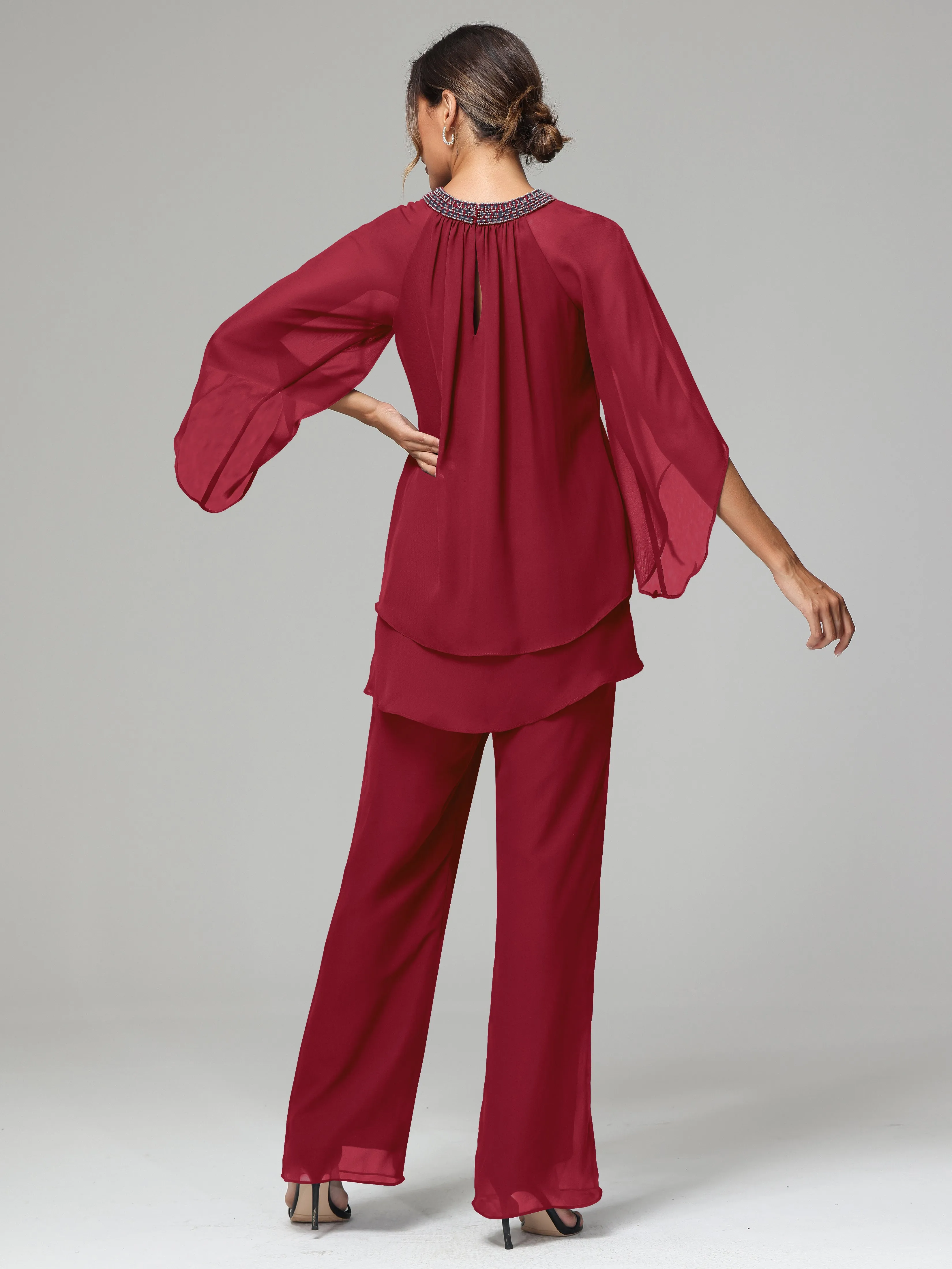 Long Sleeves Chiffon Mother Of The Bride Dress Pants Suits