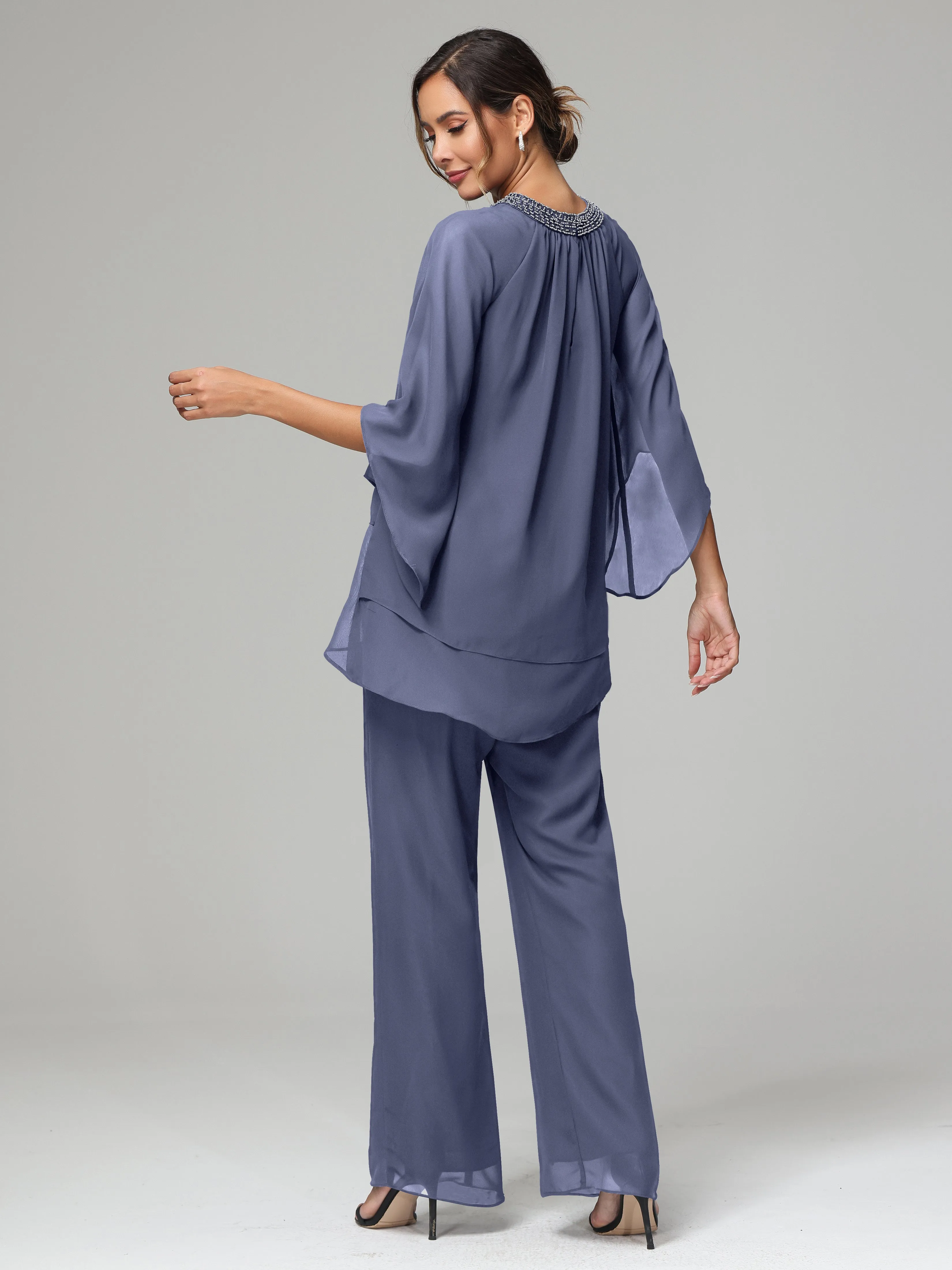 Long Sleeves Chiffon Mother Of The Bride Dress Pants Suits