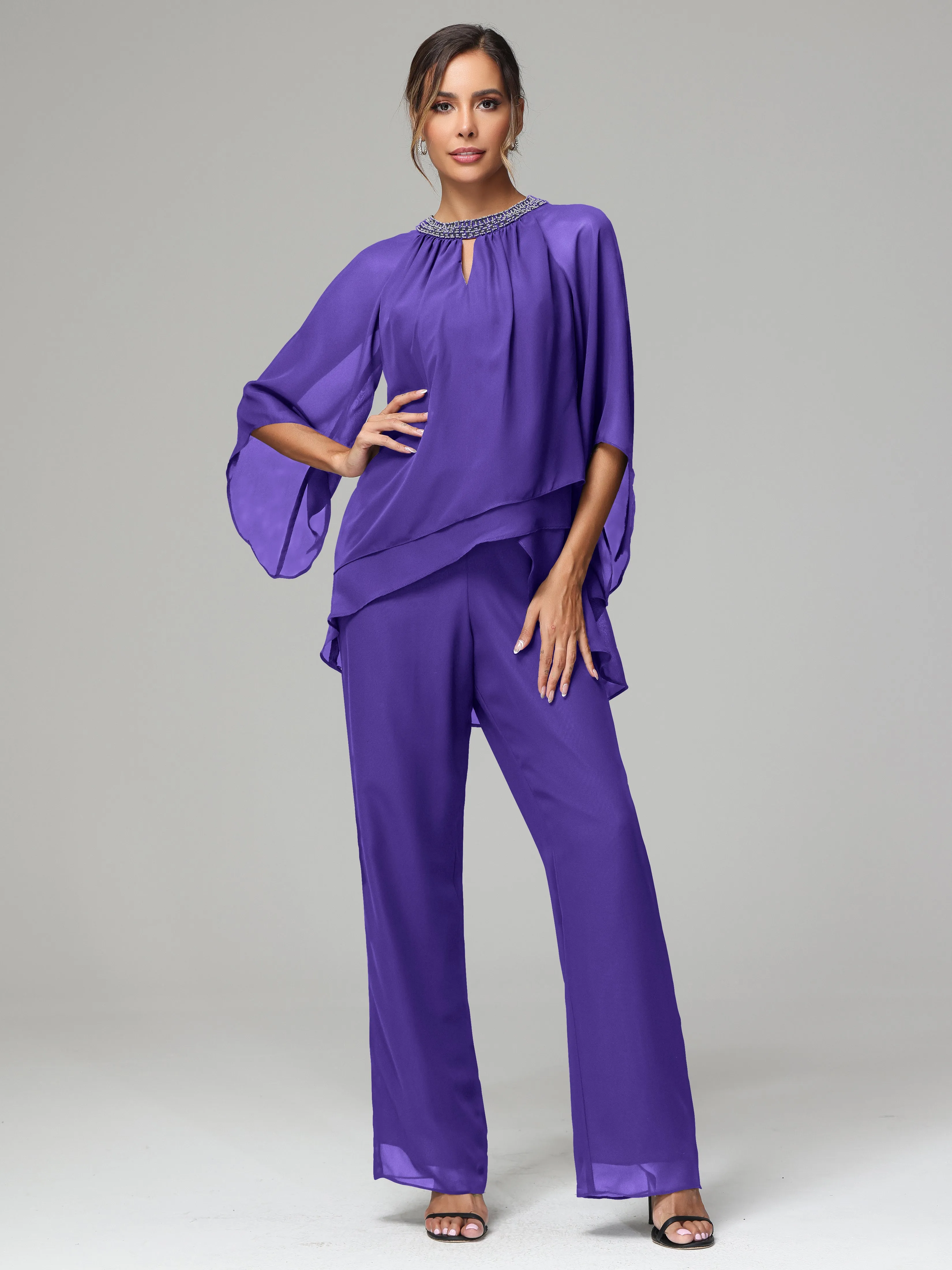 Long Sleeves Chiffon Mother Of The Bride Dress Pants Suits