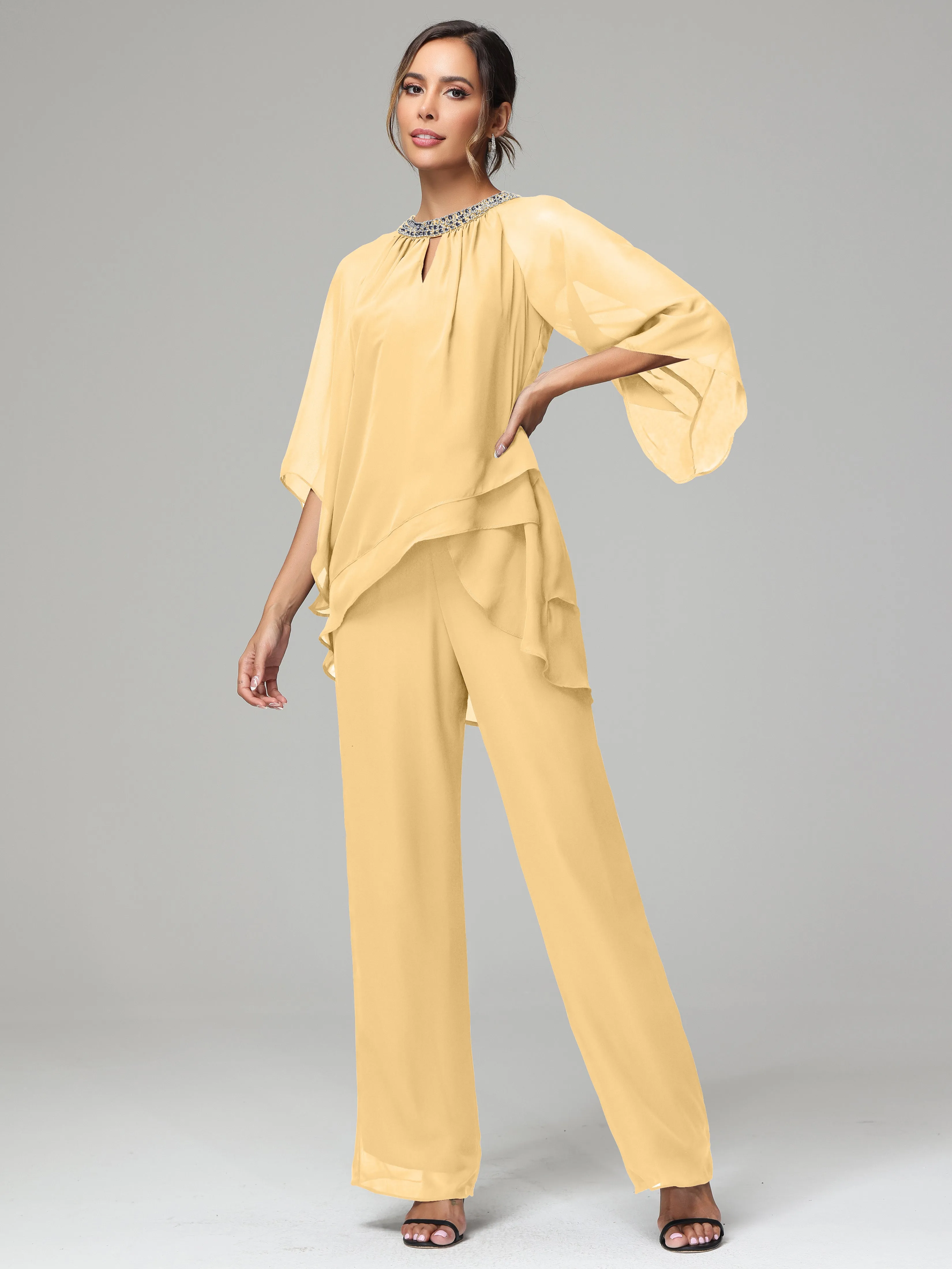 Long Sleeves Chiffon Mother Of The Bride Dress Pants Suits