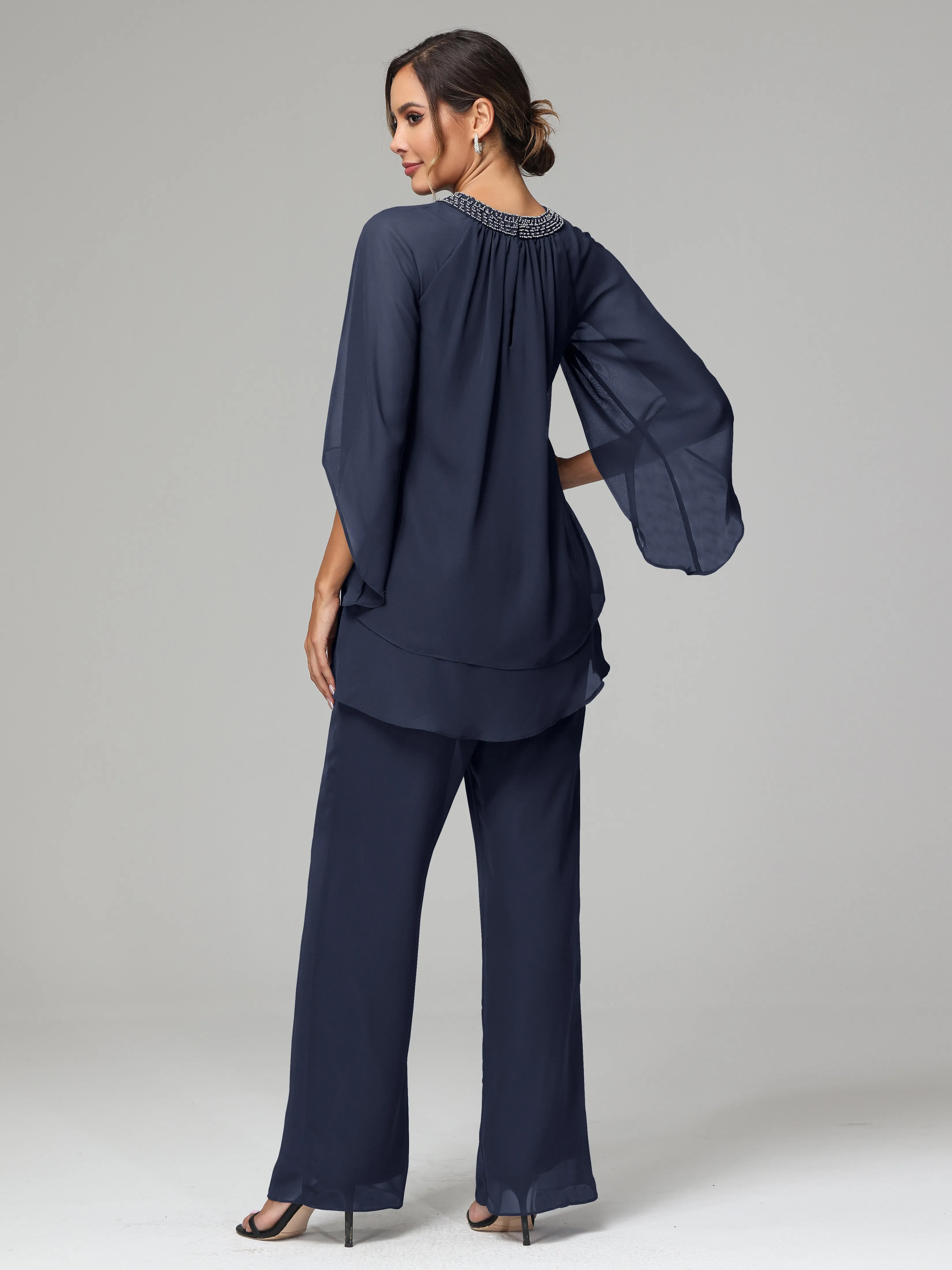 Long Sleeves Chiffon Mother Of The Bride Dress Pants Suits