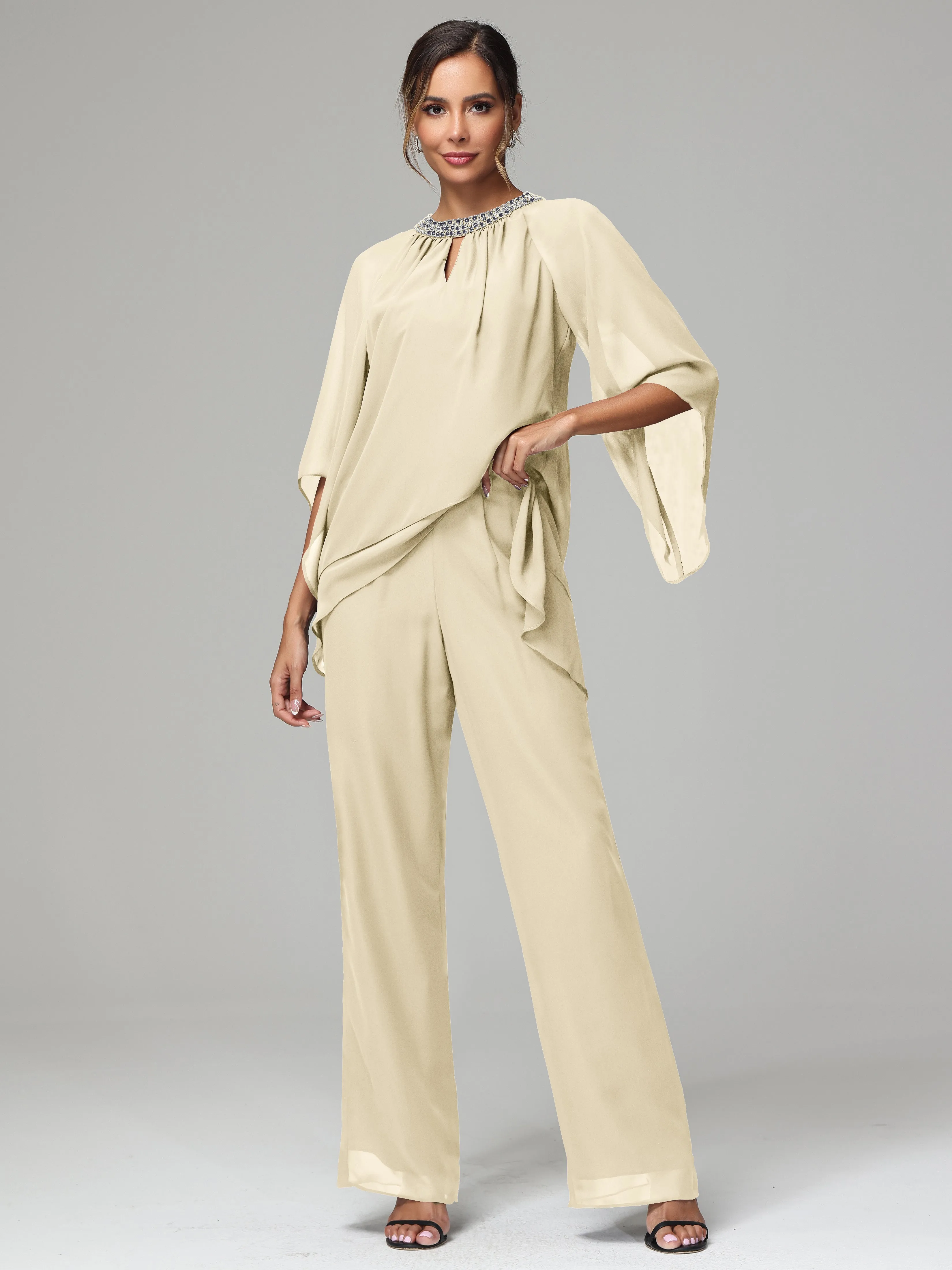 Long Sleeves Chiffon Mother Of The Bride Dress Pants Suits