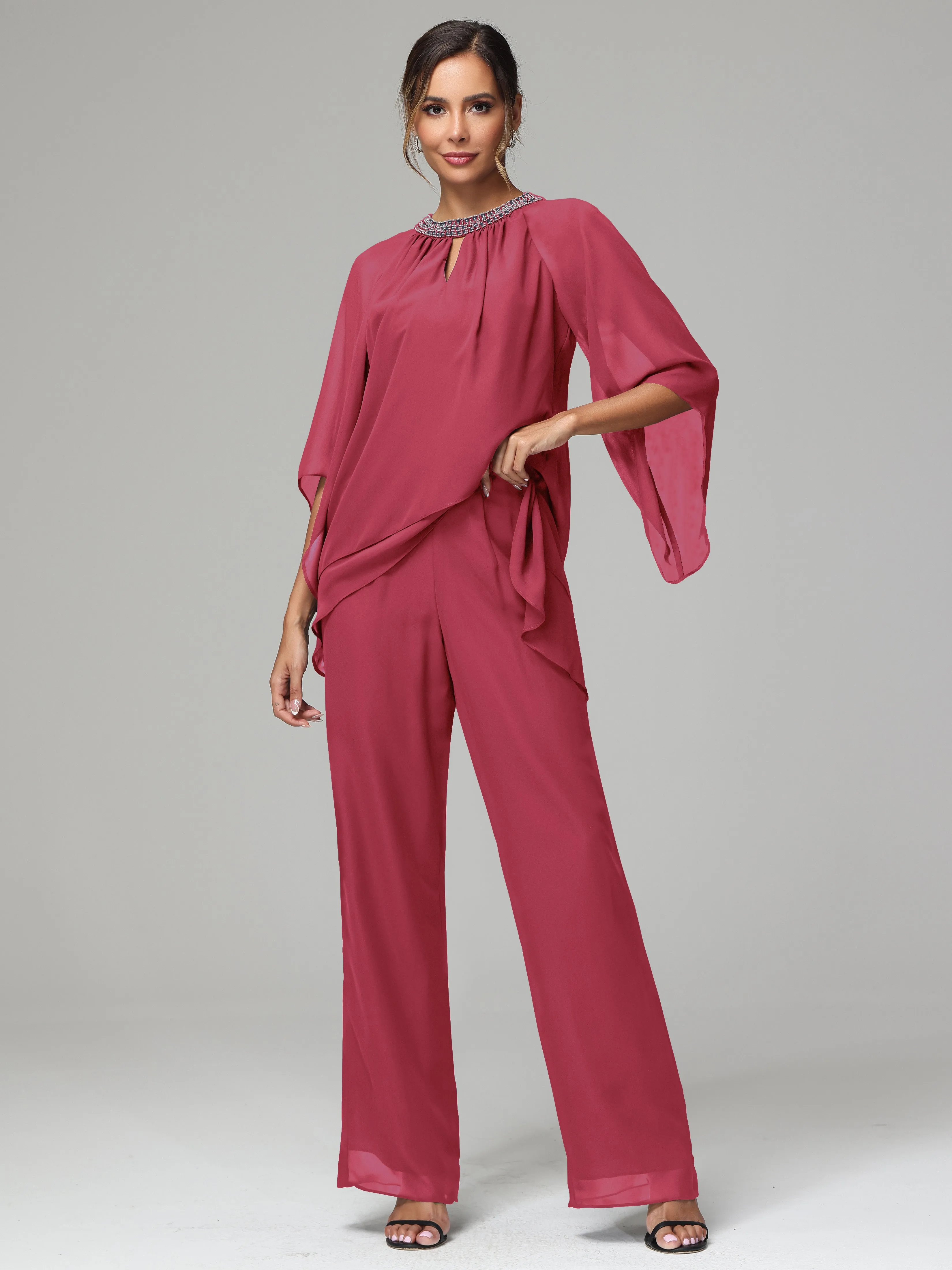 Long Sleeves Chiffon Mother Of The Bride Dress Pants Suits