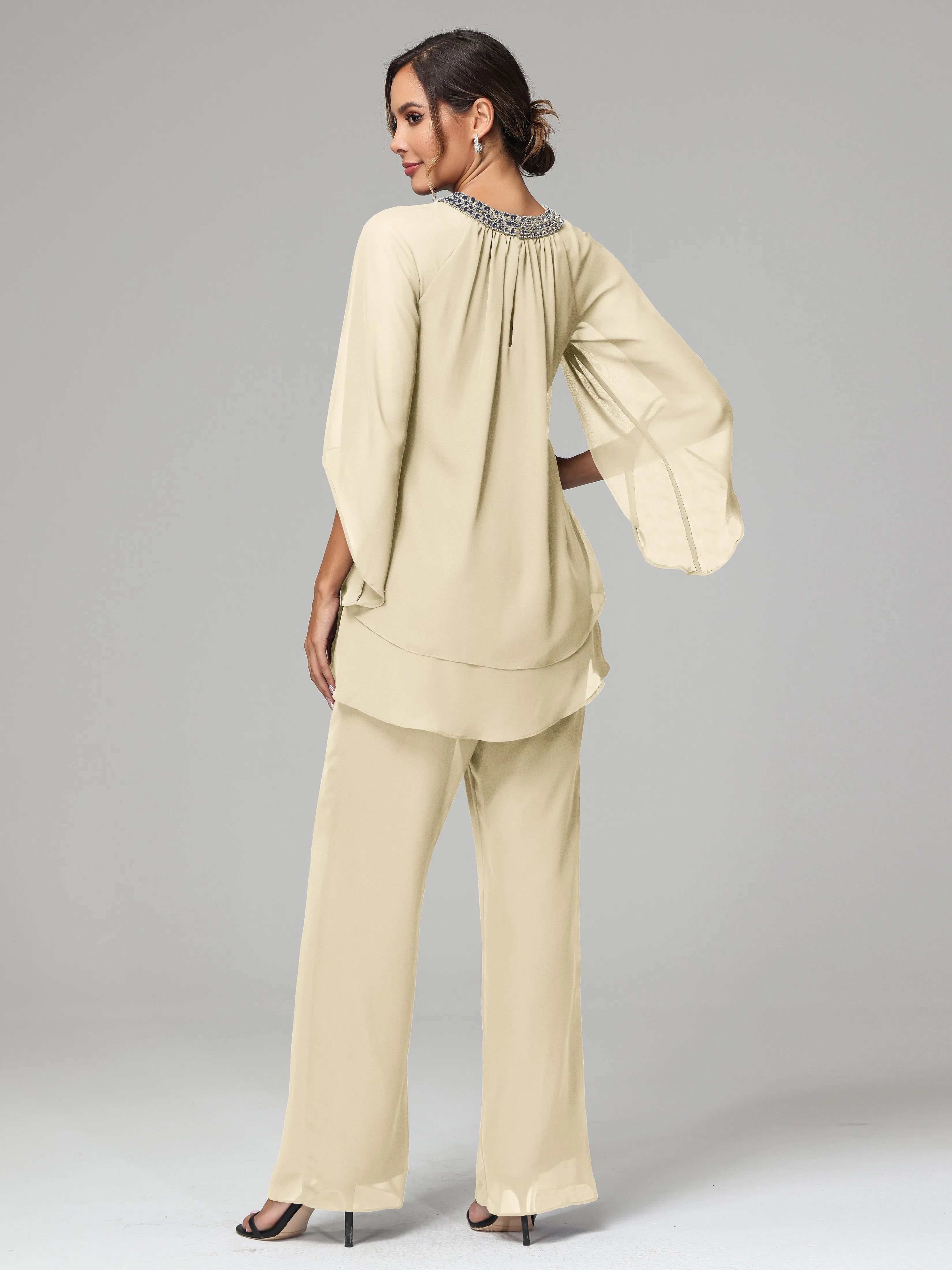 Long Sleeves Chiffon Mother Of The Bride Dress Pants Suits