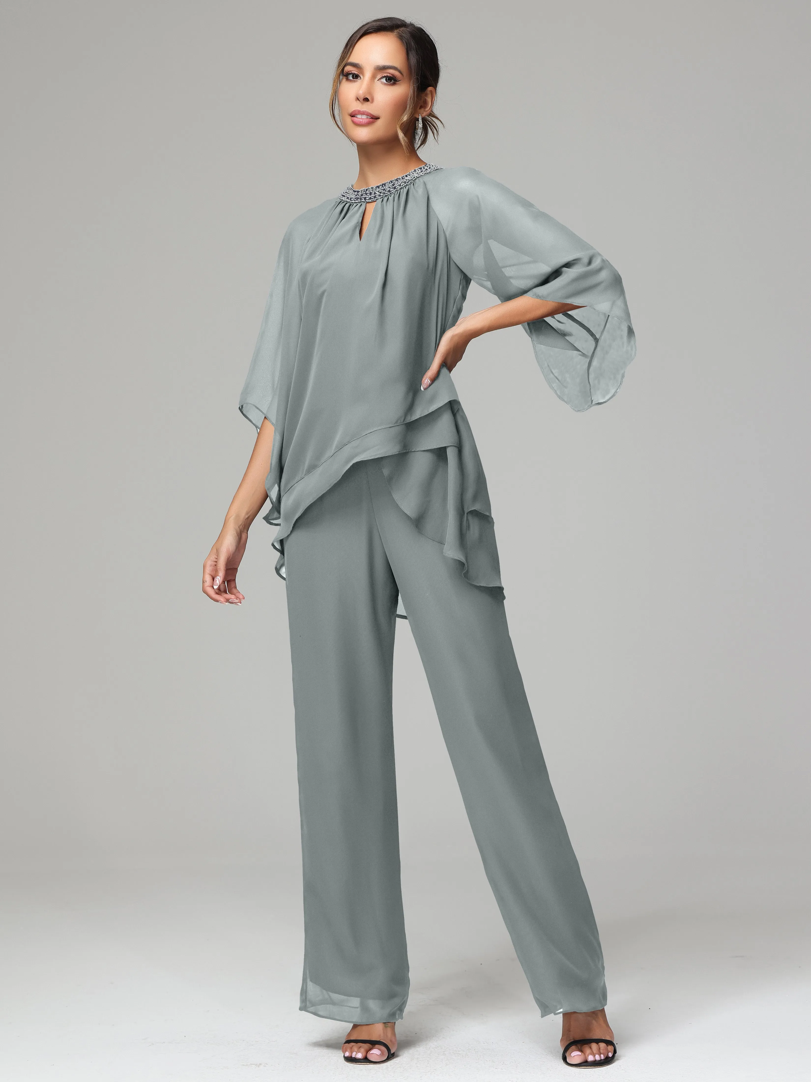 Long Sleeves Chiffon Mother Of The Bride Dress Pants Suits