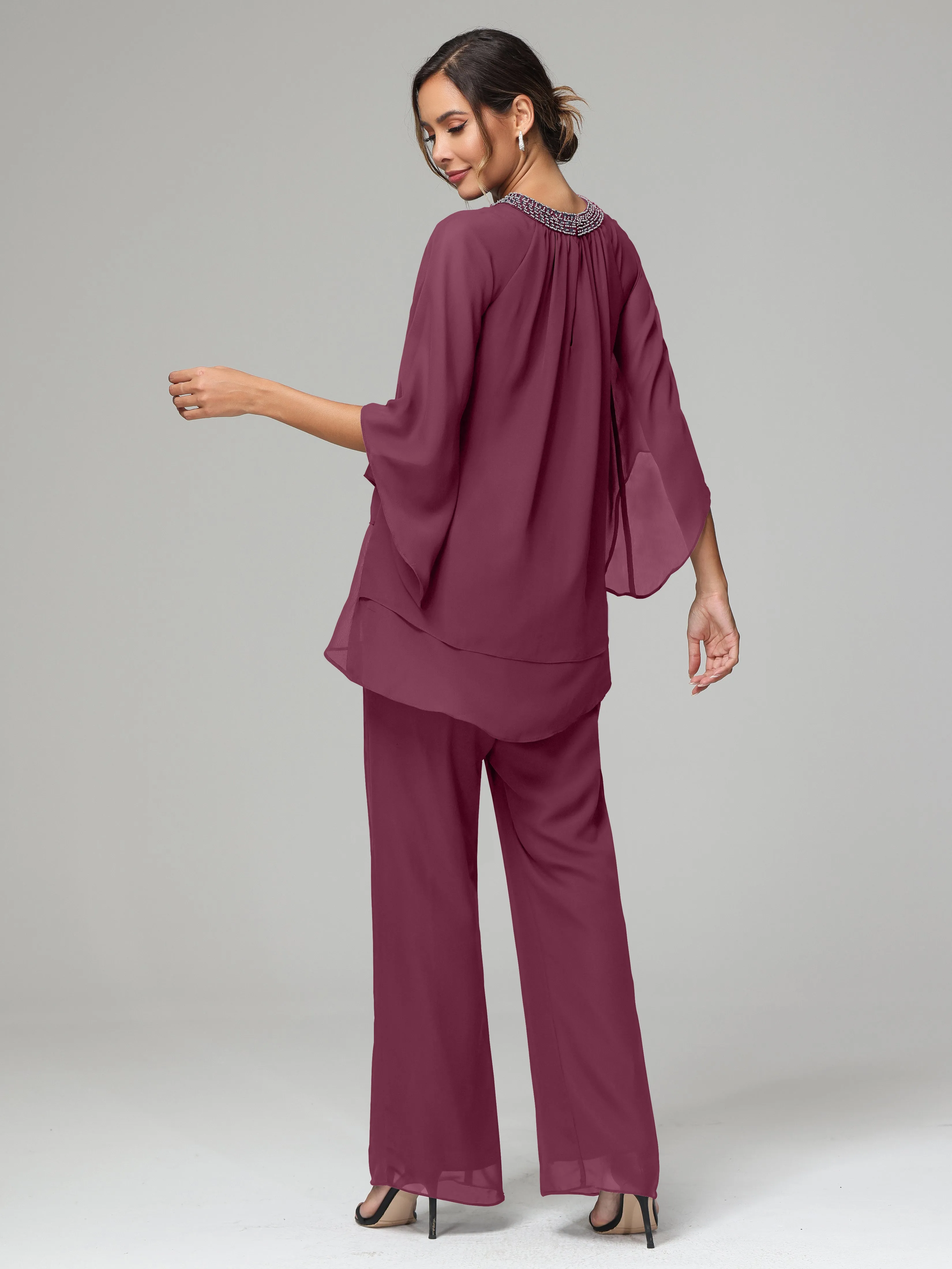 Long Sleeves Chiffon Mother Of The Bride Dress Pants Suits