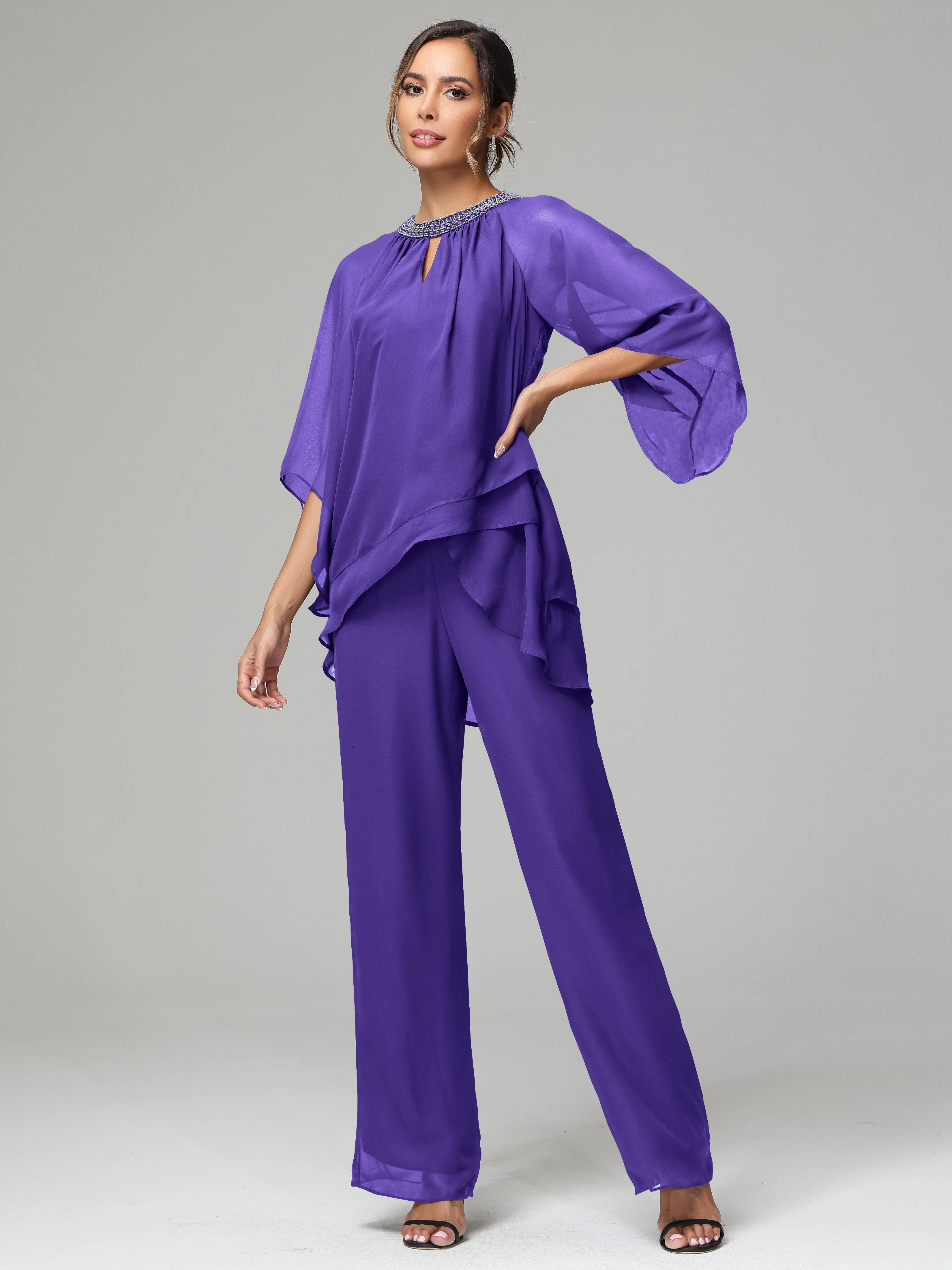 Long Sleeves Chiffon Mother Of The Bride Dress Pants Suits