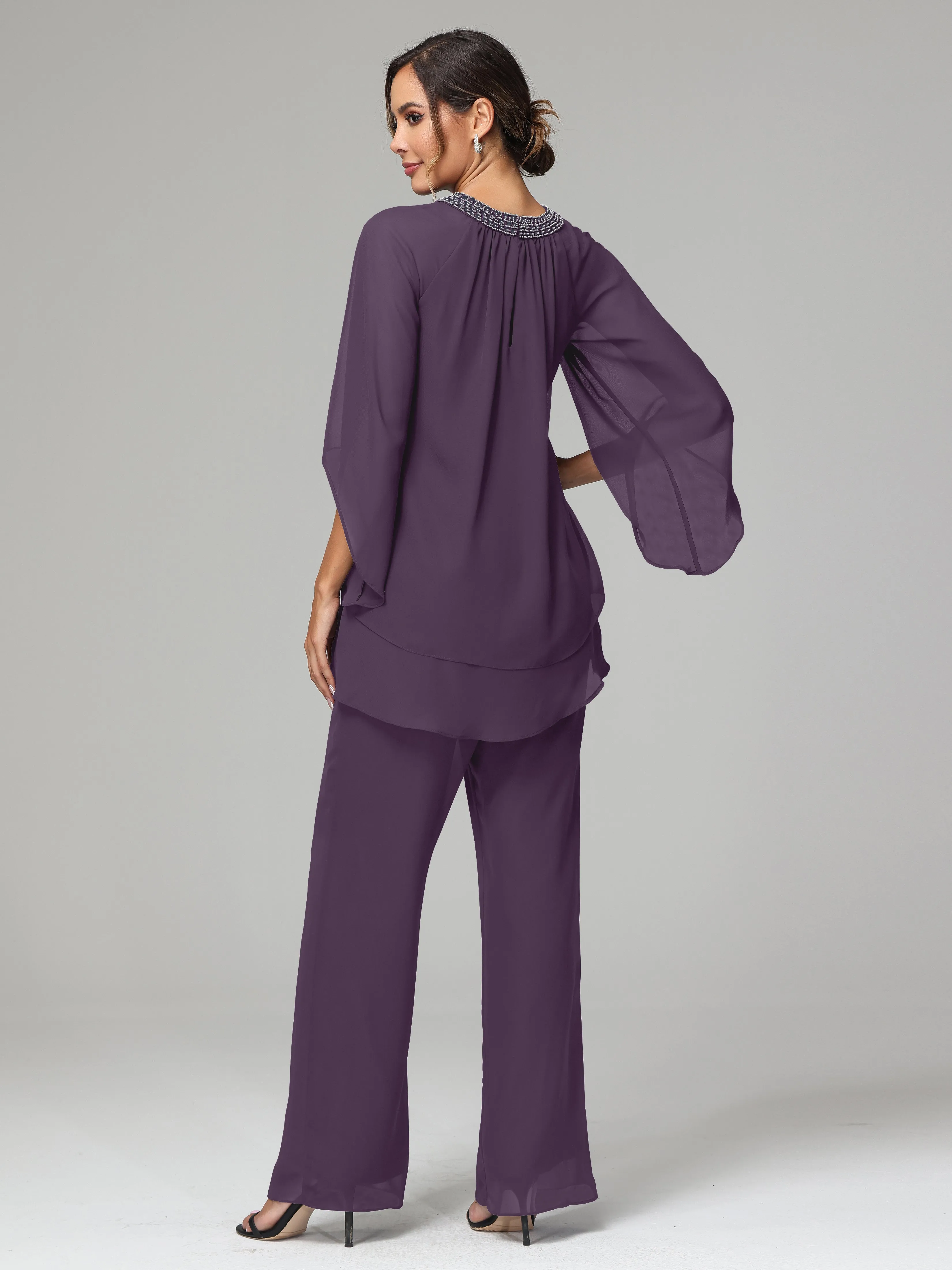 Long Sleeves Chiffon Mother Of The Bride Dress Pants Suits